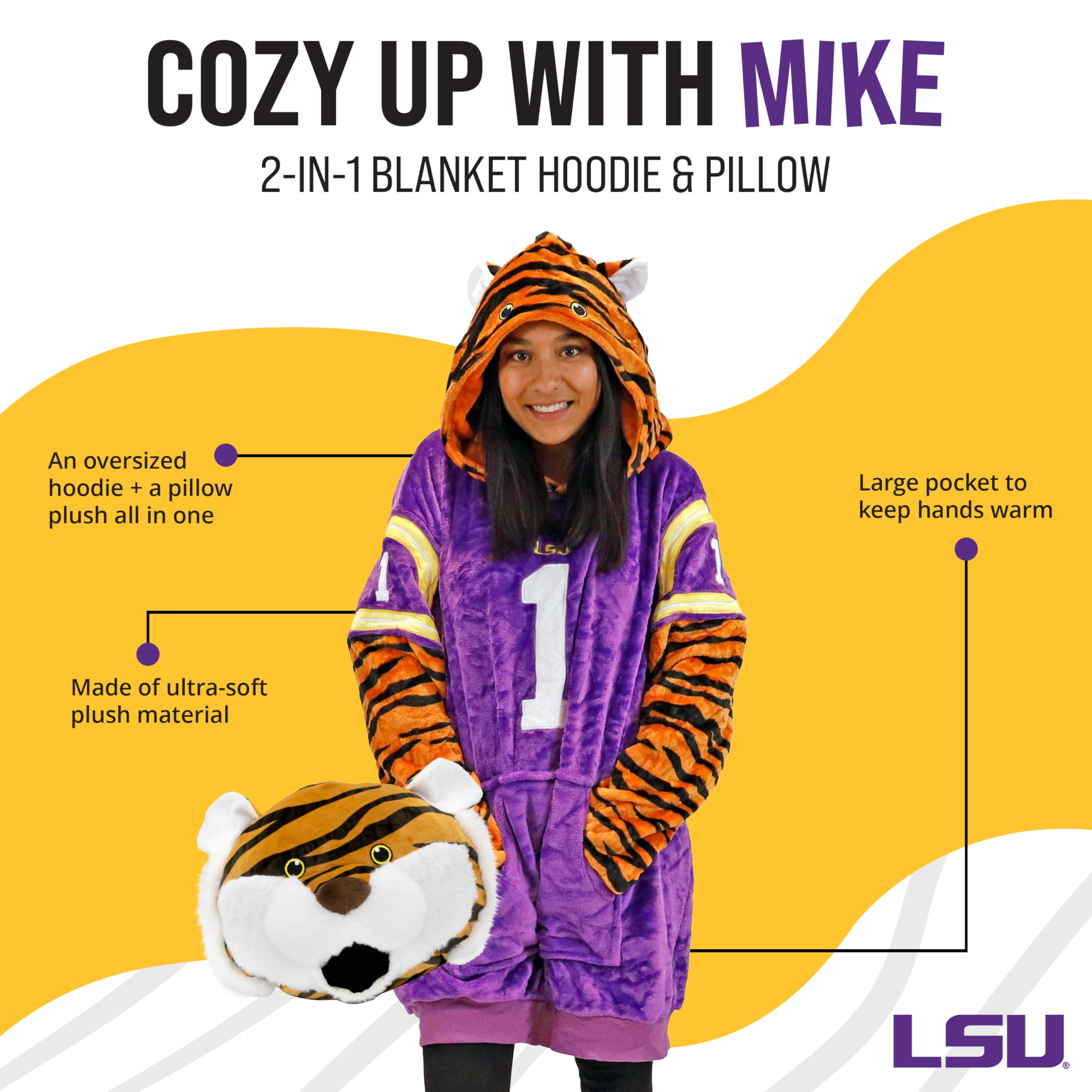 Plushible Wearable Blanket Hoodie, LSU Mike the Tiger, 2-in-1 Oversized Hoodie Blanket Pillow, Long Sleeve Sweatshirt Pocket, Cozy Valentine Gift for Men & Women