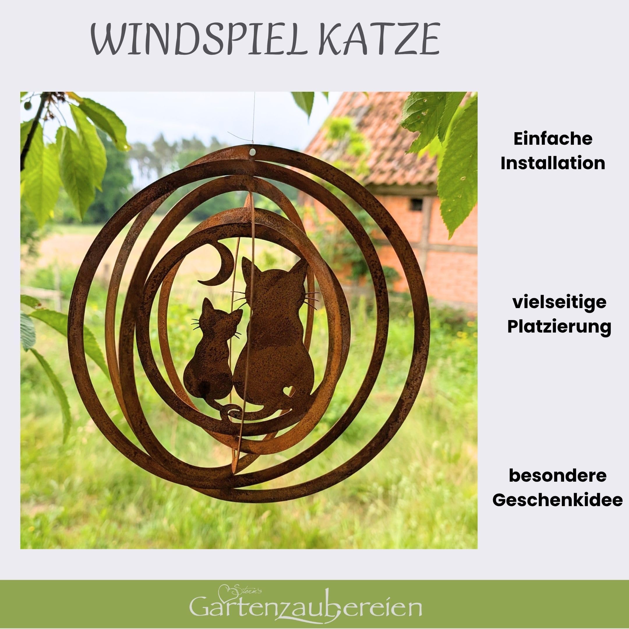 Windspiel aus Edelrost mit 2 Katzen - 3D Metall Windspiel für Garten - Balkon - Rostdeko Hängedeko - Geschenkidee für Katzenliebhaber - Ø ca. 24 cm