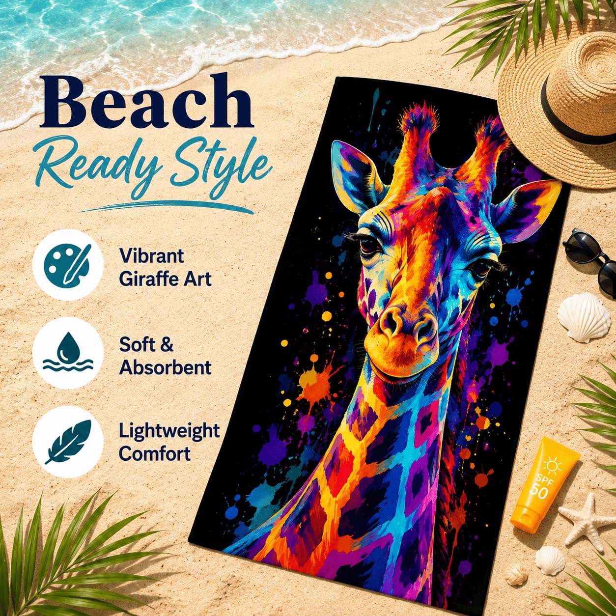 Telo Mare Microfibra Giraffa Colorata Asciugatura Rapida | Asciugamano da Spiaggia Giraffa Astratta, 145x200 cm, Assorbente, Accessori Mare, per Palestra Viaggio