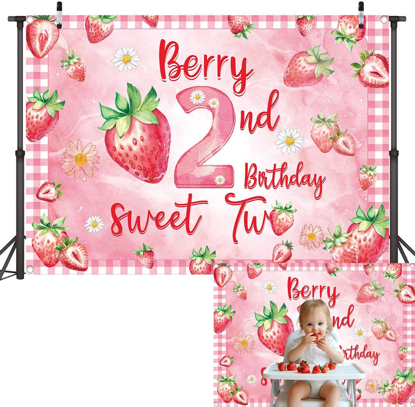 Berry Two Birthday Backdrop Banner Strawberry 2nd Birthday Photography Background Strawberry Shortcake Sweet Second Berry Party Decoration Photo Booth Studio Props (2nd, 72x48inch (6x4FT))