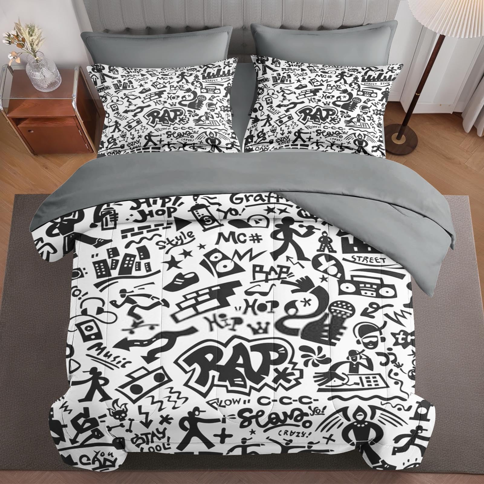 5 Pcs Comforter Set Twin Size, Music City Rap Bed in a Bag with Flat Sheet and Fitted Sheet for Kids and Adults, Hip Hop Graffiti Bedding Set with Pillowcase & Sham