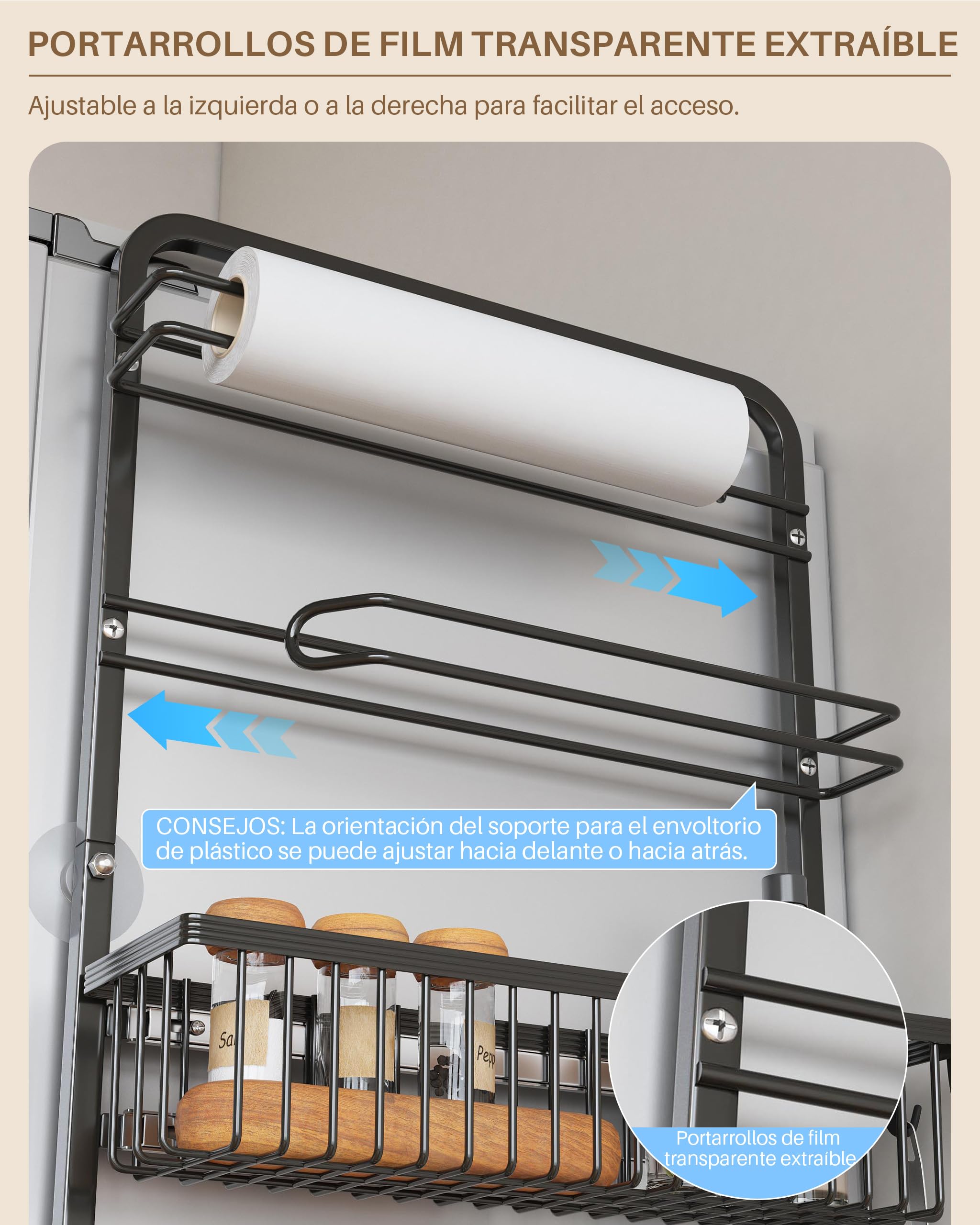 UMDONX Organizador de Especias 7 Niveles con Bandejas Deslizantes, Especiero para Puerta de Cocina con Portarrollos de Papel Integrado, Negro