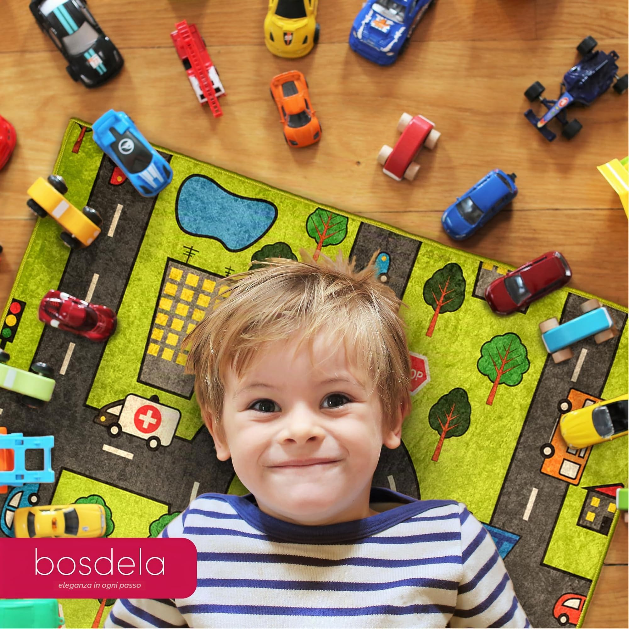 Tappeto per bambini e neonati – Diverse varianti di design, lavabile, antiscivolo, morbido, ideale per camerette e sale giochi, 100 x 160 cm, verde città.
