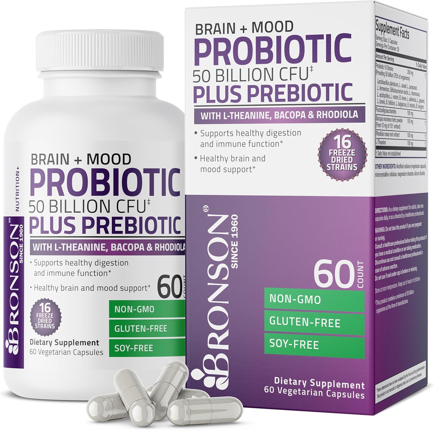 Bronson Brain + Mood Probiotic 50 Billion CFU Plus Prebiotic with L-Theanine, Bacopa and Rhodiola Non-GMO, 60 Vegetarian Capsules Bronson Brain + Mood Probiotic 50 Billion CFU Plus Prebiotic with L-Theanine, Bacopa and Rhodiola Non-GMO, 60 Vegetarian Capsules