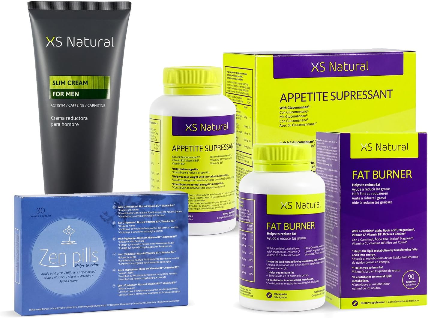 XS Natural Appetite Supressant: Satiating Capsules + XS Fat Burner: Fat Burning Capsules That Help You Lose Weight + XS Natural Men's Reducing Cream + Zen Pills: Relax Capsules to Control Anxiety