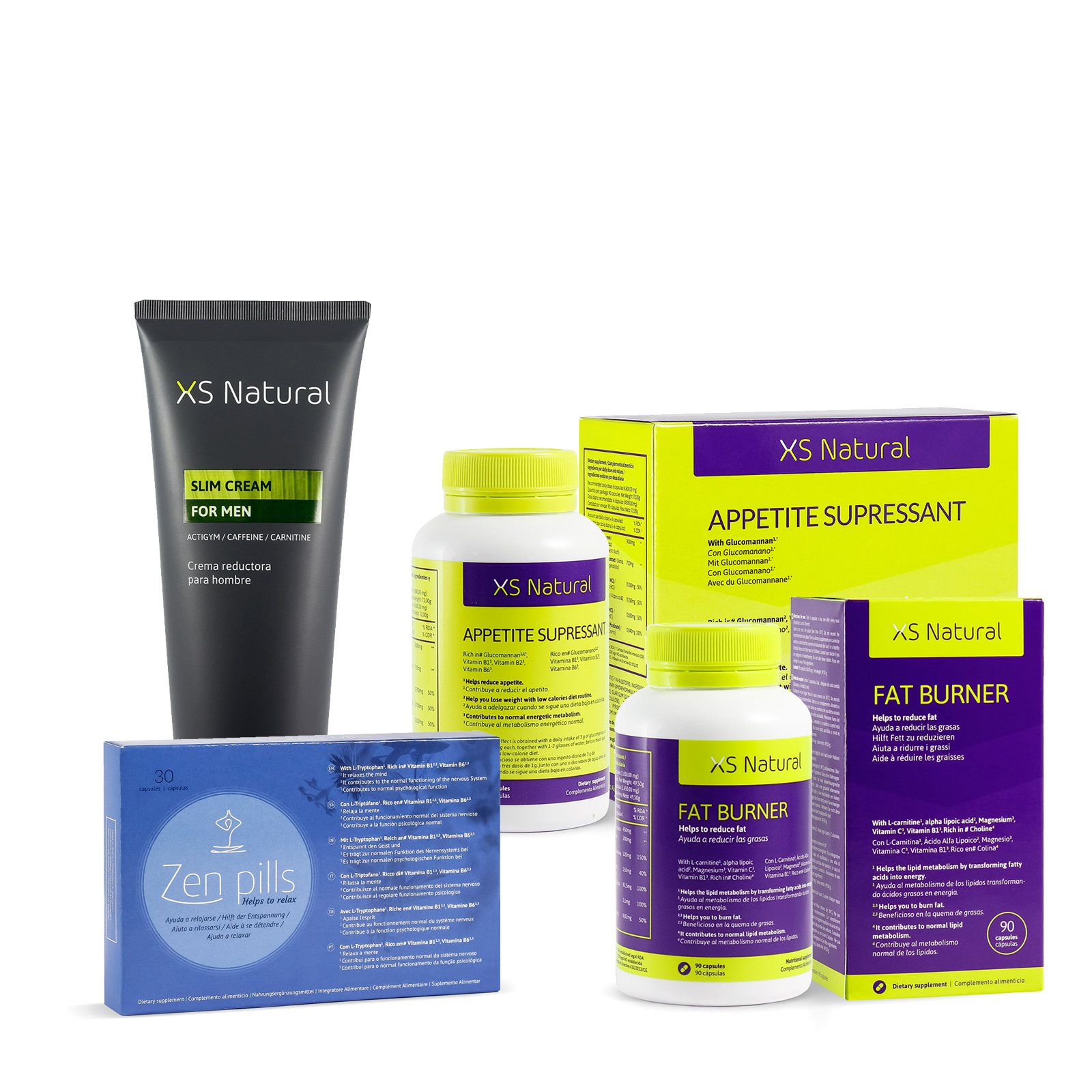 XS Natural Appetite Supressant: Satiating Capsules + XS Fat Burner: Fat Burning Capsules That Help You Lose Weight + XS Natural Men's Reducing Cream + Zen Pills: Relax Capsules to Control Anxiety