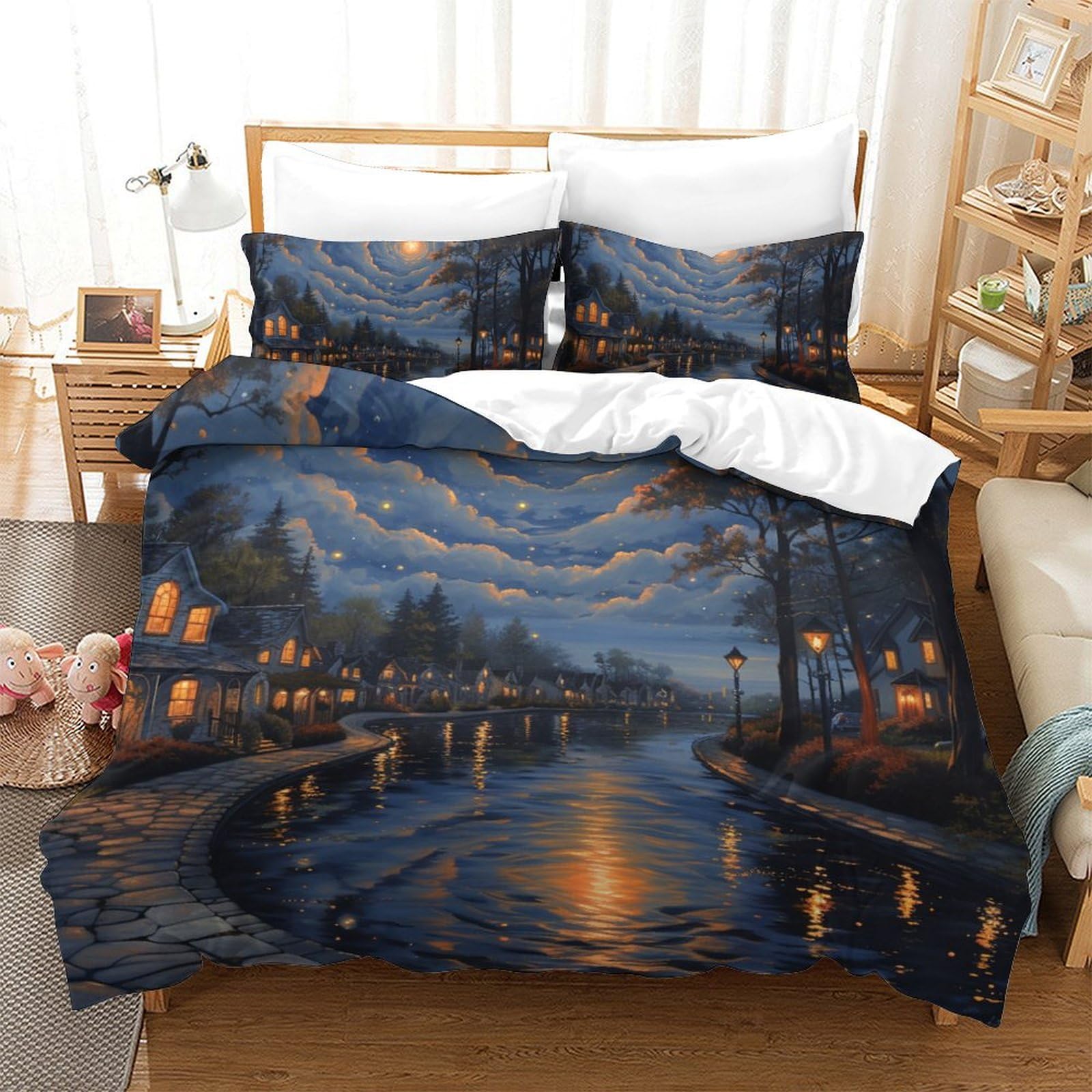Housse de couette chalet dans la forêt 200x200 parure lit microfibre 3D