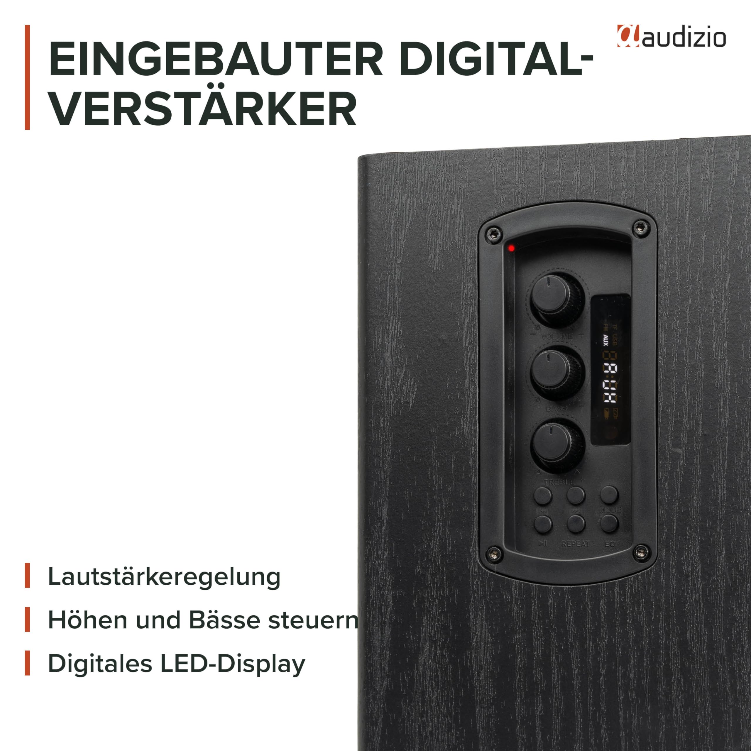 Audizio BS15 Aktivlautsprecher Boxen Paar - 60 Watt Bluetooth HiFi Lautsprecher Set mit HDMI ARC, Optical & RCA - Regal Lautsprecher, Studio Boxen für PC, TV & HiFi - Schwarz