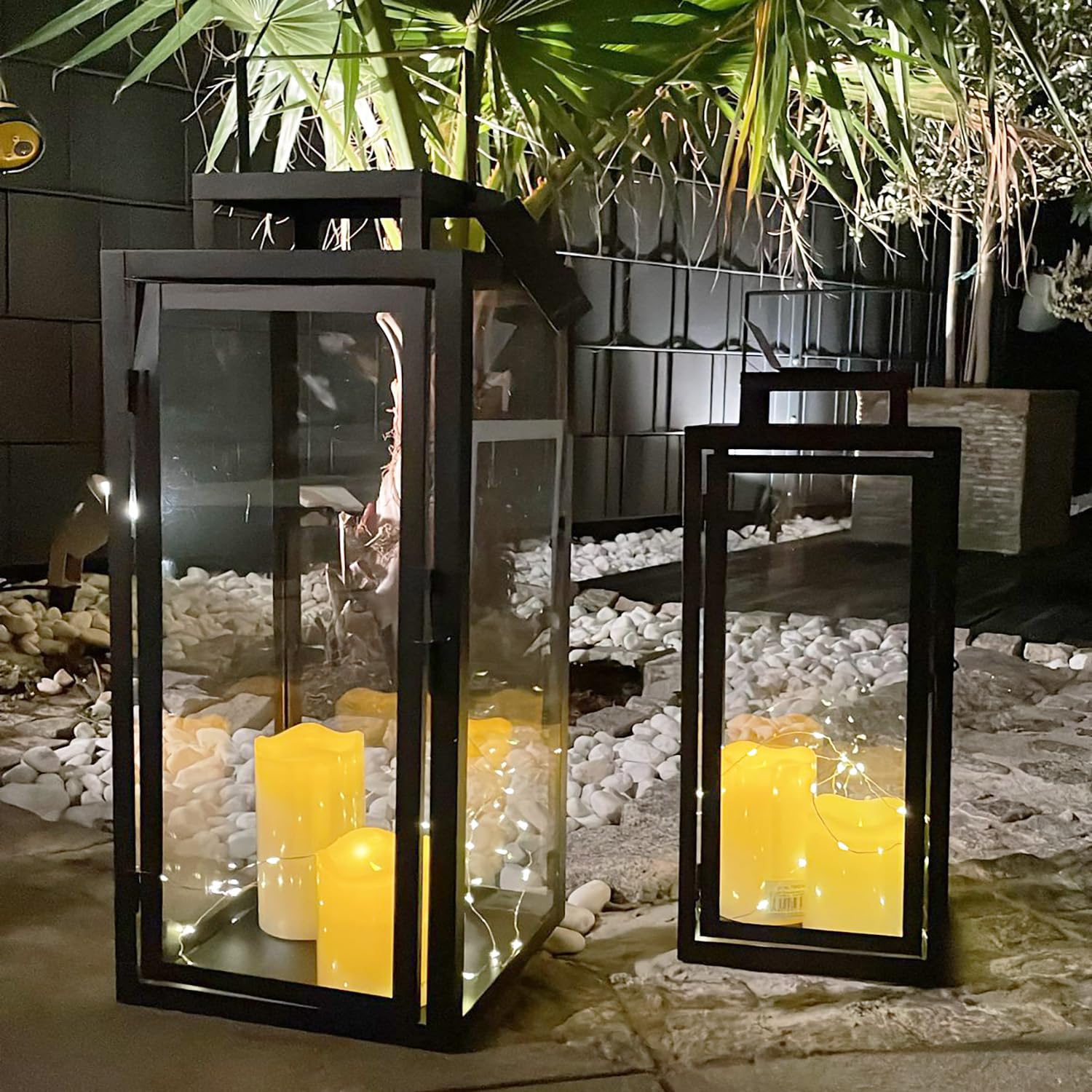 Set di 2 lanterne da giardino, lanterne in metallo, per esterni, in metallo, colore nero, altezza 50/40 cm