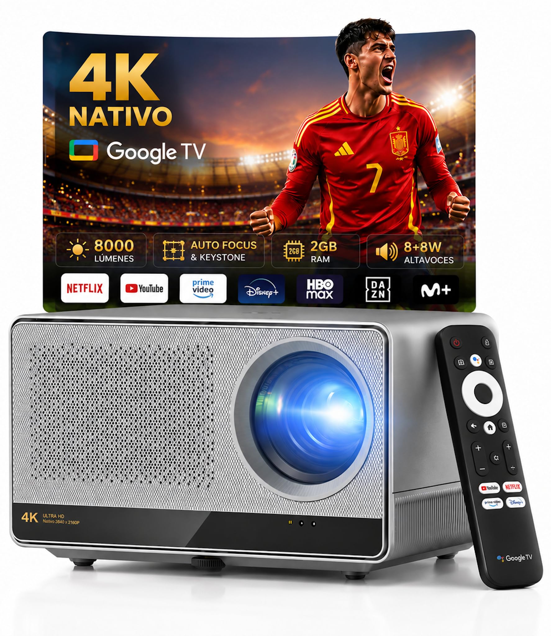 Proyector 4K Nativo 3840x2160p | Google TV Certificado | 8000 Lúmenes | Lente 1.27:1 | WiFi 6 + Bluetooth 5.0 | Auto Focus & Keystone | 8+8W Altavoces | Motor Óptico Sellado | Optimizado para Juegos