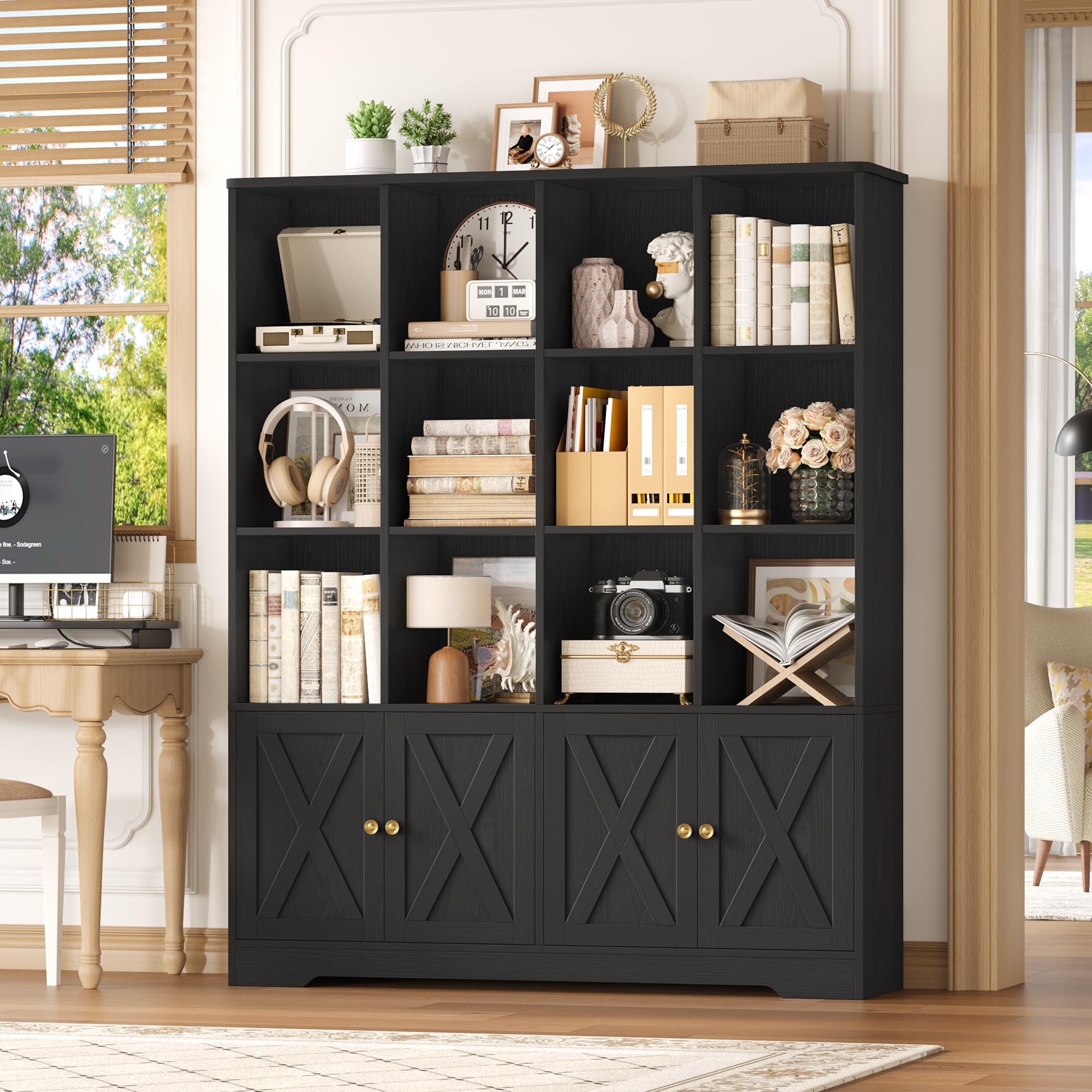 FirFurd 145cm Librería con 4 Puertas y 12 Compartimientos, Librería Salón | Estantería con Puertas, Estantería Libros, Estanterías Almacenaje, para Salón Estudio Oficina Dormitorio Negro 121x30x145cm