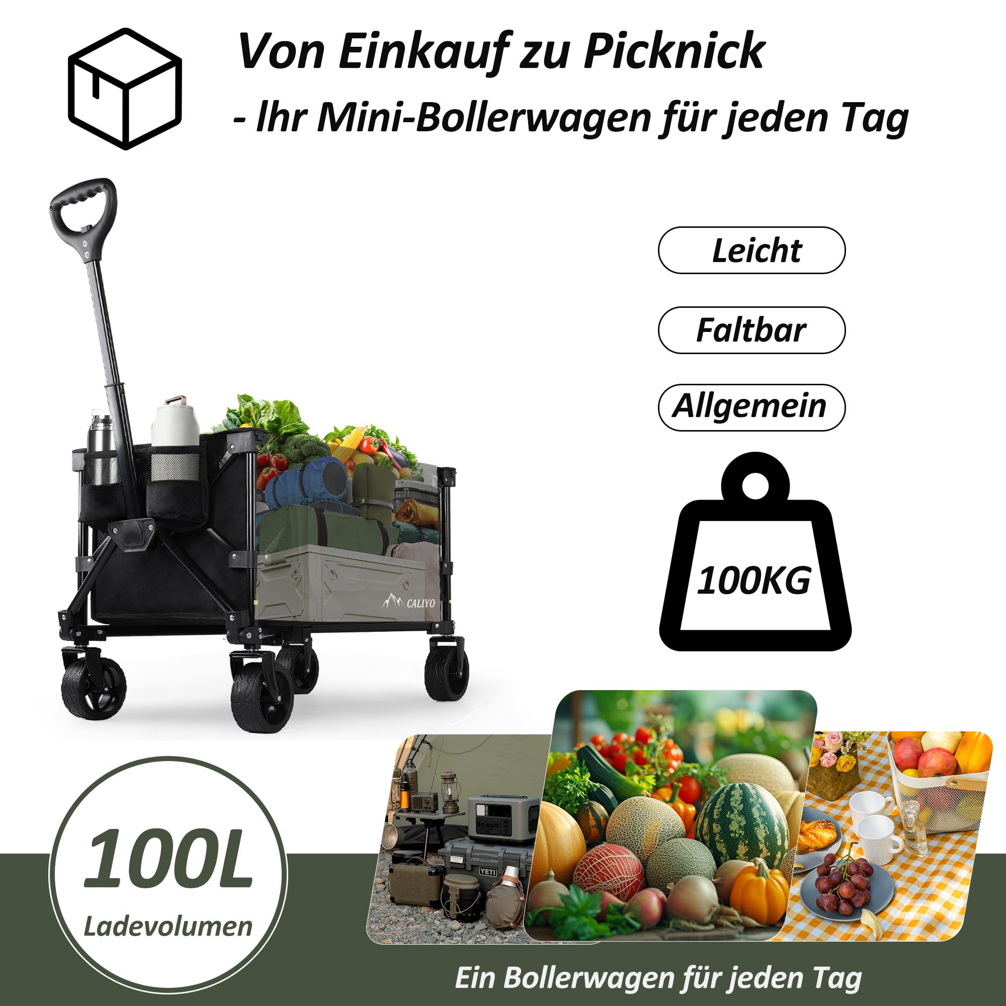 CALIYO Bollerwagen Faltbar 100L 100KG belastbar, Faltbarer Bollerwagen mit verstellbarem Griff, Handwagen Luftreifen für alle Gelände Camping Einkaufen Faltbollerwagen Schwarz