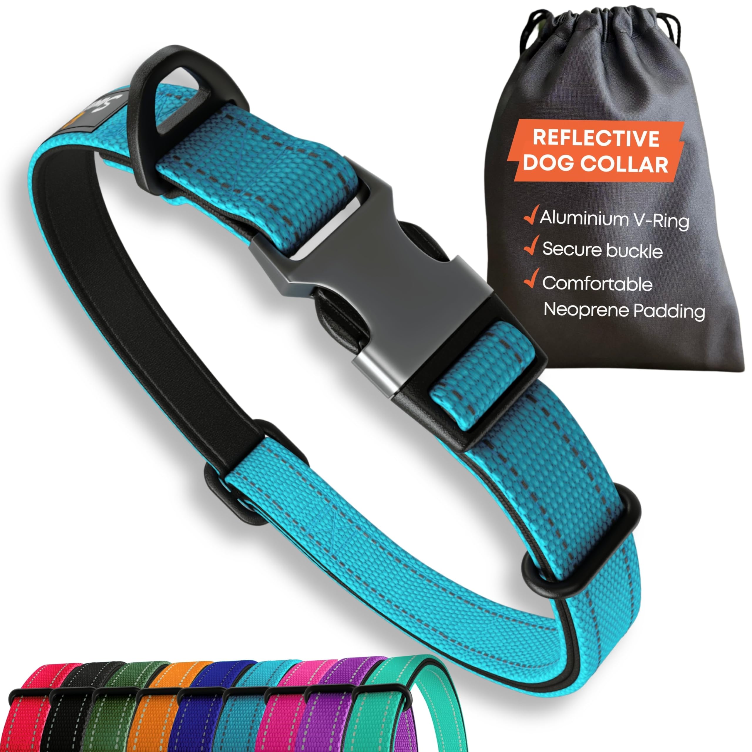Blue Dog Collar Large Dogs – Strong Reflective Adjustable Padded Dogs Collars - Aluminium V-ring Dog Safety