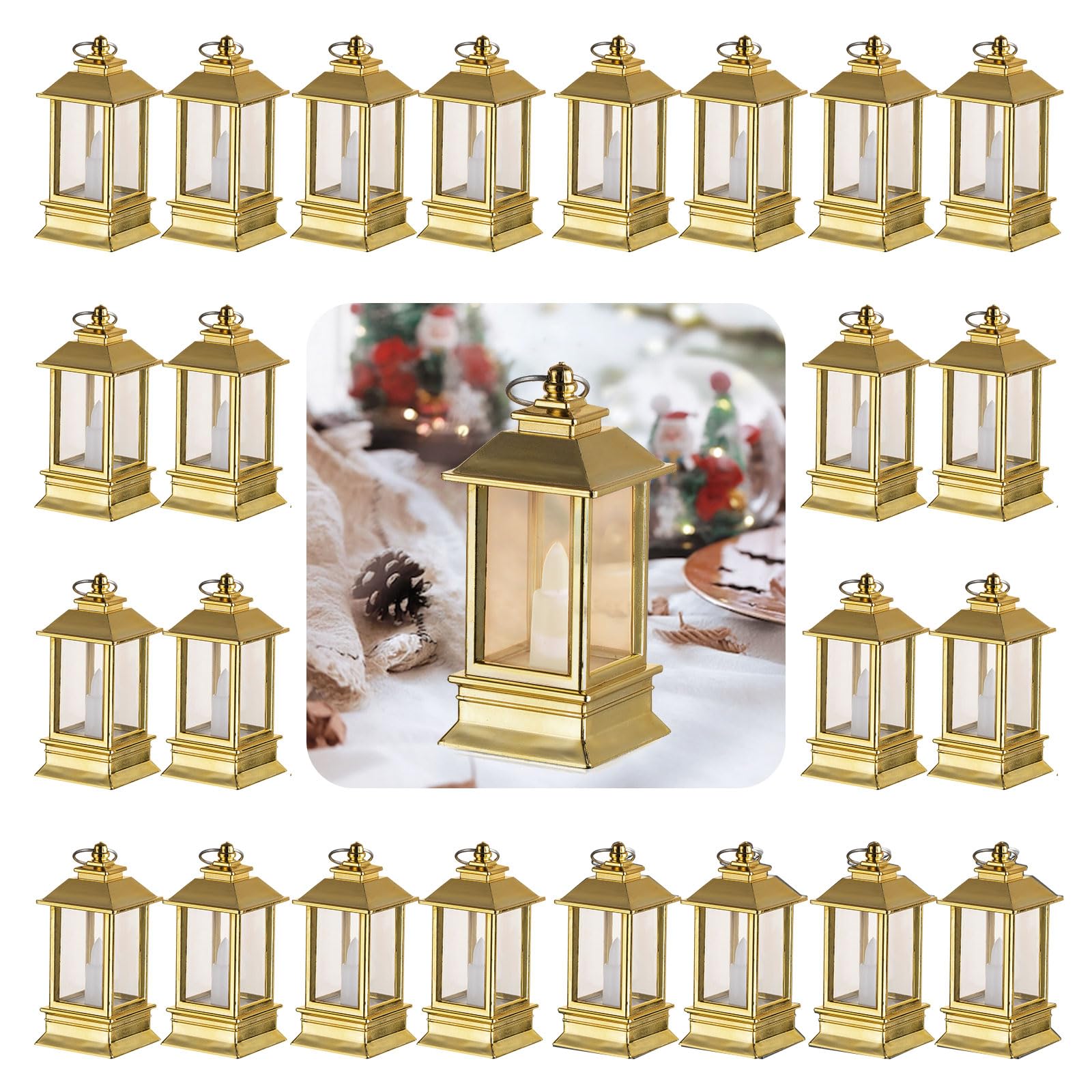 Linternas doradas decorativas para interiores: 24 piezas mini linternas para centros de mesa de boda, pequeñas luces LED alimentadas por batería a granel para decoración de fiesta de