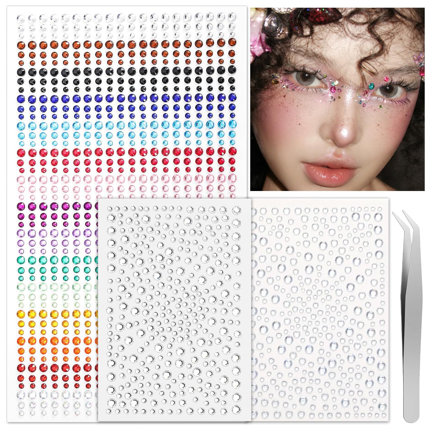 CoolShef 1600 Pcs Rhinestones Stickers Set with Tweezers, Self-Adhesive Crystal for Face, Glitter Sticker for Makeup Hair Decoration, Colorful Facal Jewels Diamonds for Crafts,DIY Phone Case