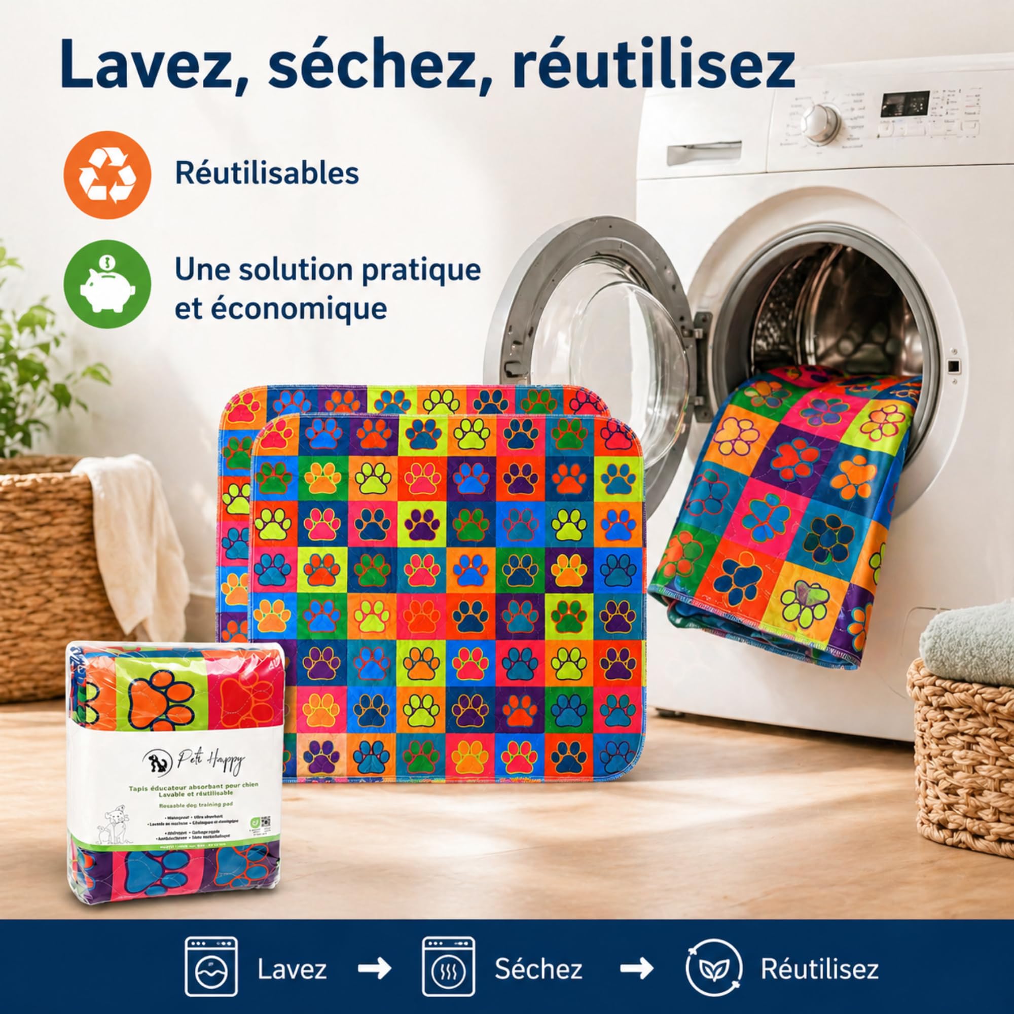 Lot de 2 Tapis absorbants pour Chien & Chiot 90*80cm | Tapis Lavable, Réutilisable, Absorbant | Alaise pour Chien | Tapis educateur Chien | Peti Happy®