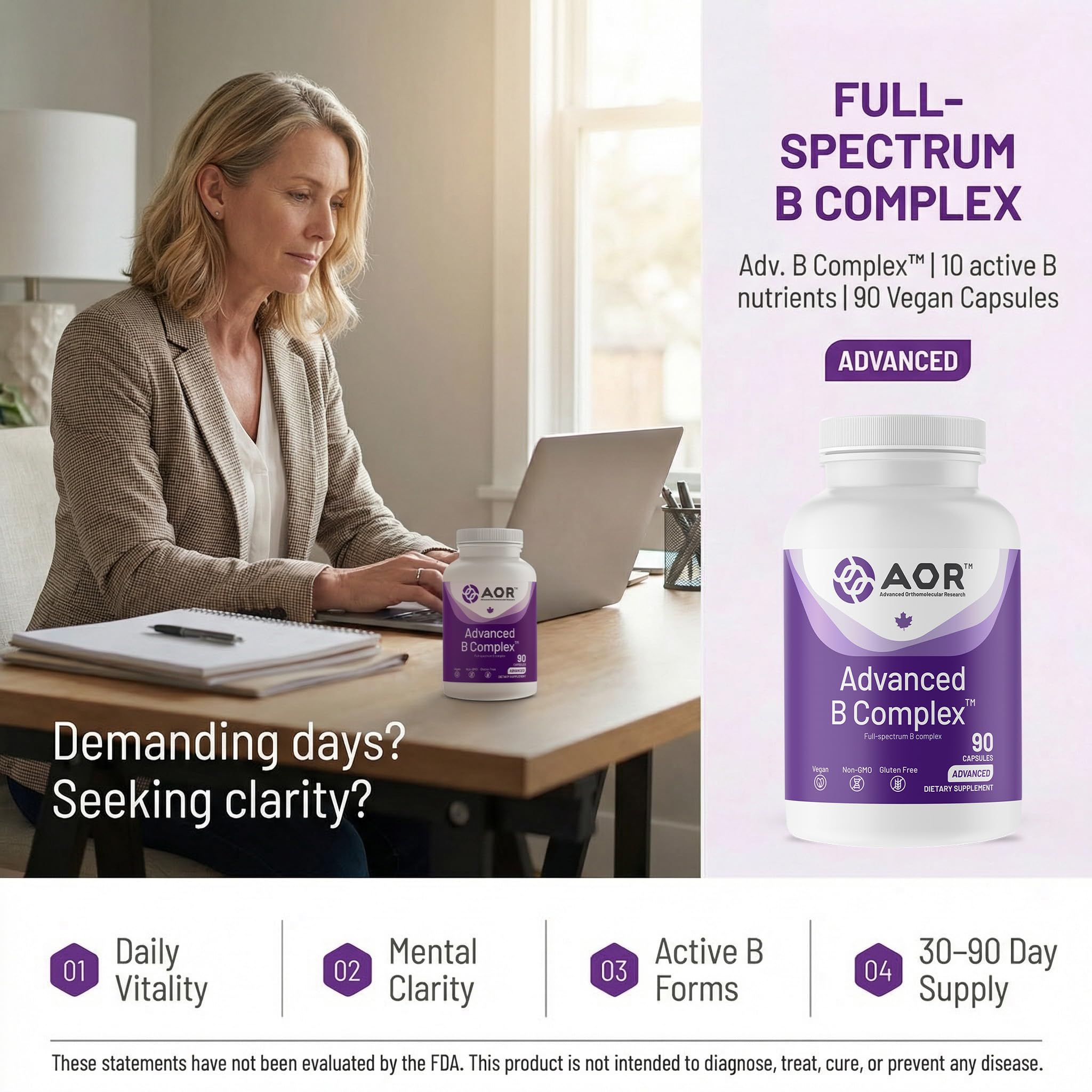 AOR Vitamin B Complex, Methylcobalamin 5-MTHF, No Flush, 90 Vegan Capsules — Amazon image 2