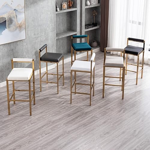 Miniatura 8 de QUINJAY Juego de 2 taburetes de bar modernos grises de 30 pulgadas, taburetes de bar tapizados de cuero sintético dorado con reposapiés, sillas de