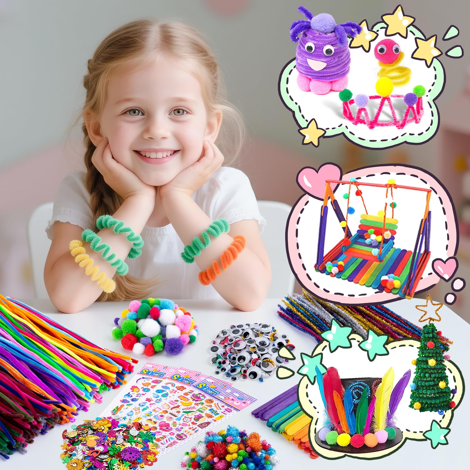 Sundaymot 5000 Caja Manualidades Niños, DIY Art Supplies Kit de Manualidades con Pipe Cleaners, Pompoms, Wiggle Eyes y Craft Sticks Colores, Creativo Regalo Kit Manualidades Juego para Niñas 3+ Años