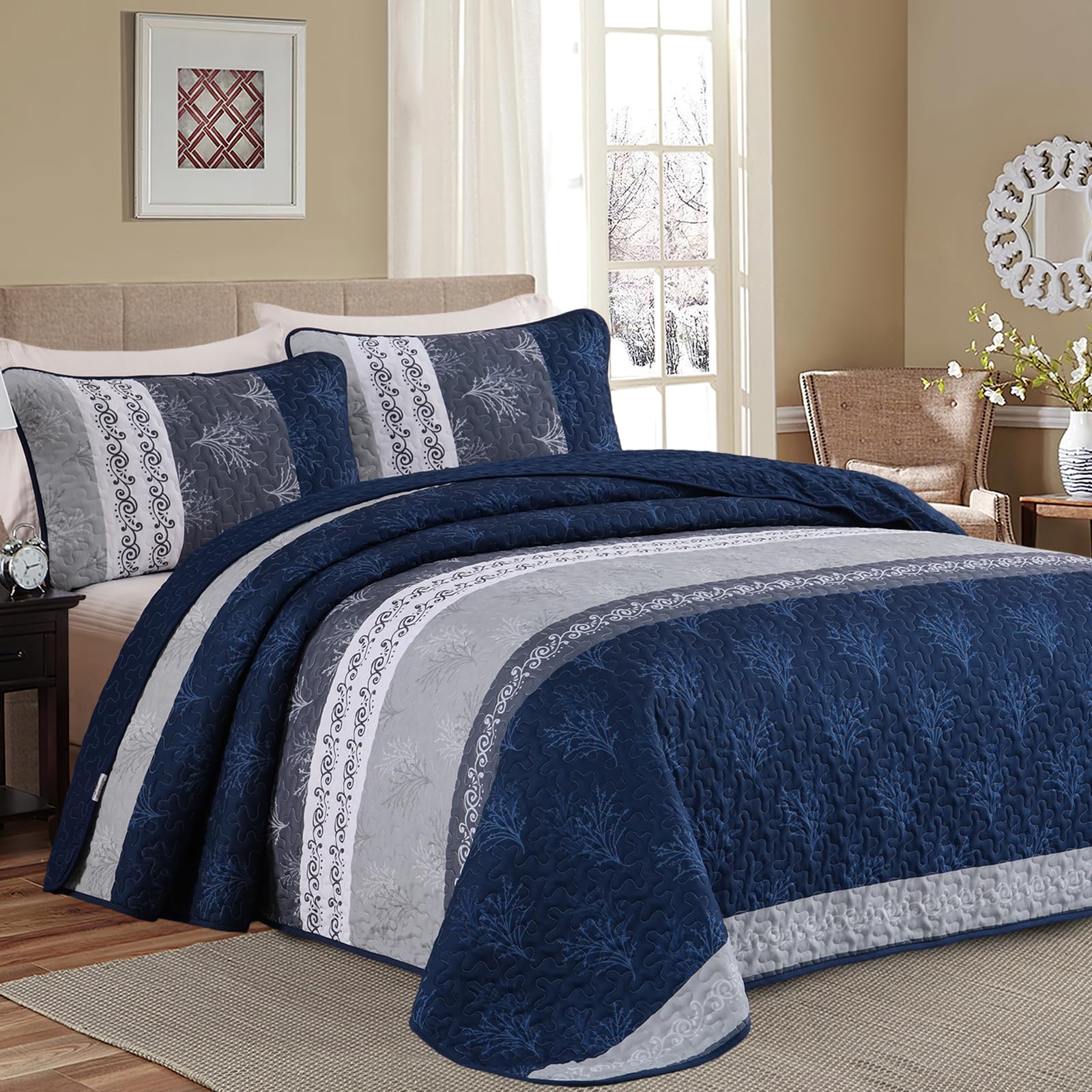 DJY Queen Quilt Set, Boho Striped Branch Pattern, Navy Blue