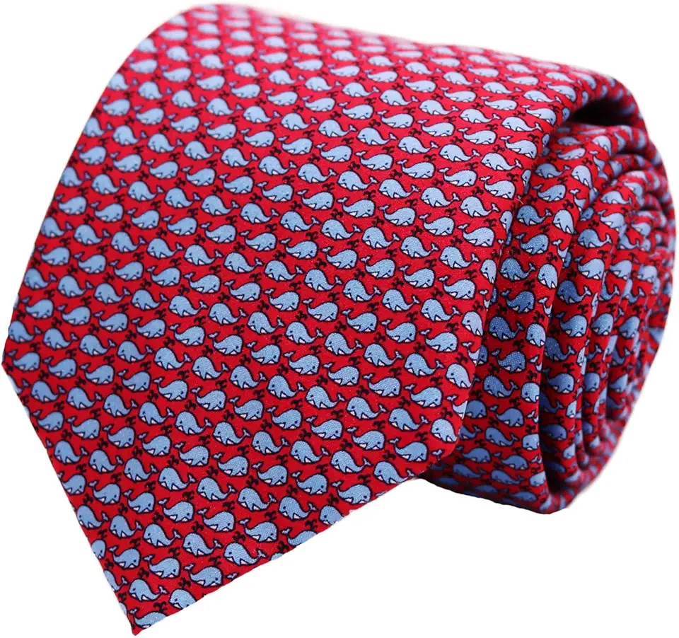 Gravatas masculinas 100% seda feitas à mão com estampas de animais + caixa de presente.., Baleias - Azul marinho em vermelho, Regular Length - 59"