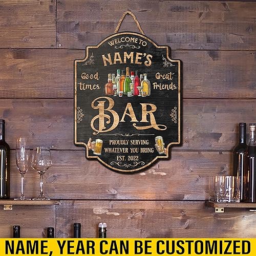 Miniatura 3 de WODORO Placa de pared personalizada con letrero de madera con texto en inglés "Welcome To Our Bar" (NO REAL CARVED), decoración de barra de sótano,