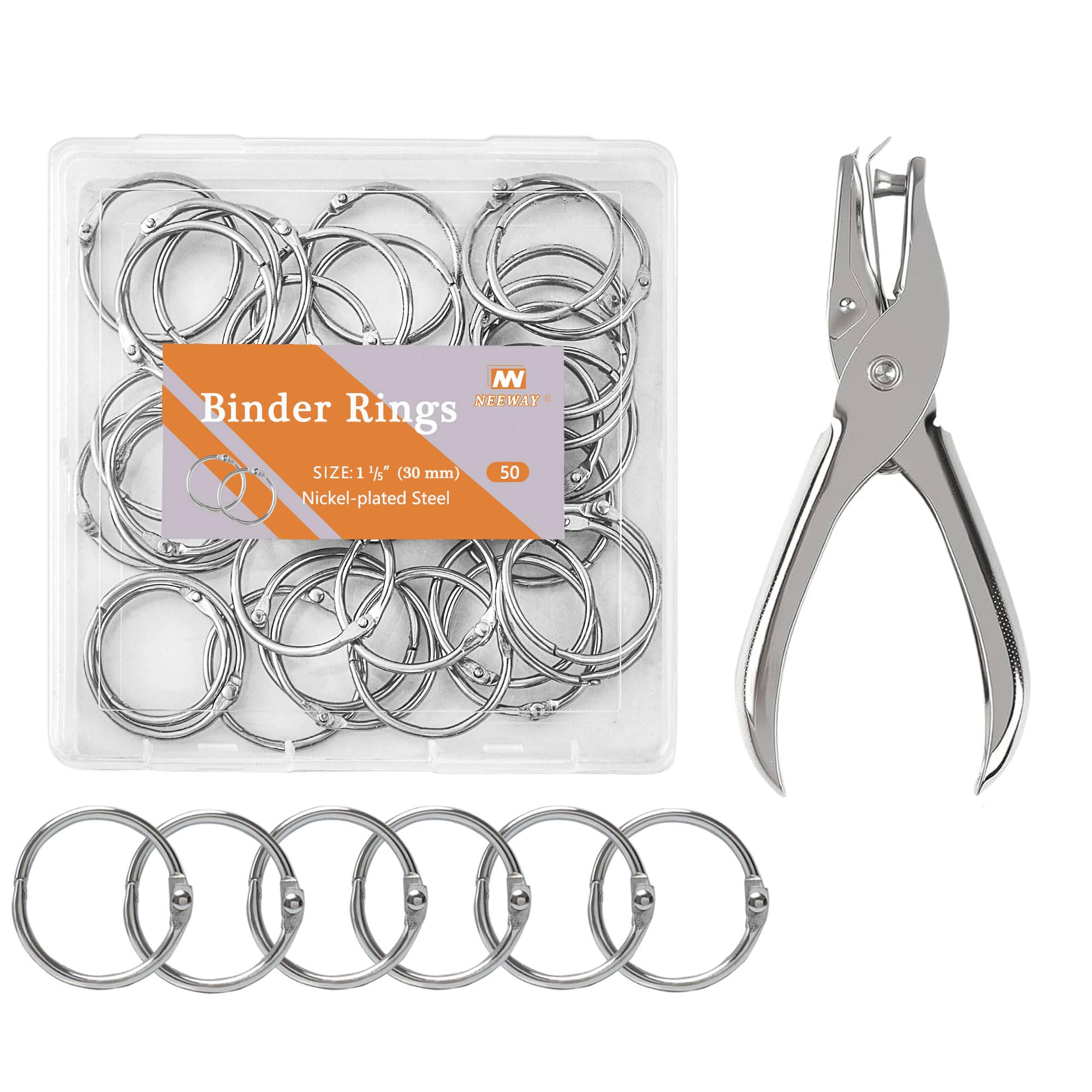 NEEWAY 50pcs Loose Leaf Binder Rings 1 1/5 Inch, Book Rings with Single Hole Puncher, Metal Ring for Index Cards, Metal Paper Ring