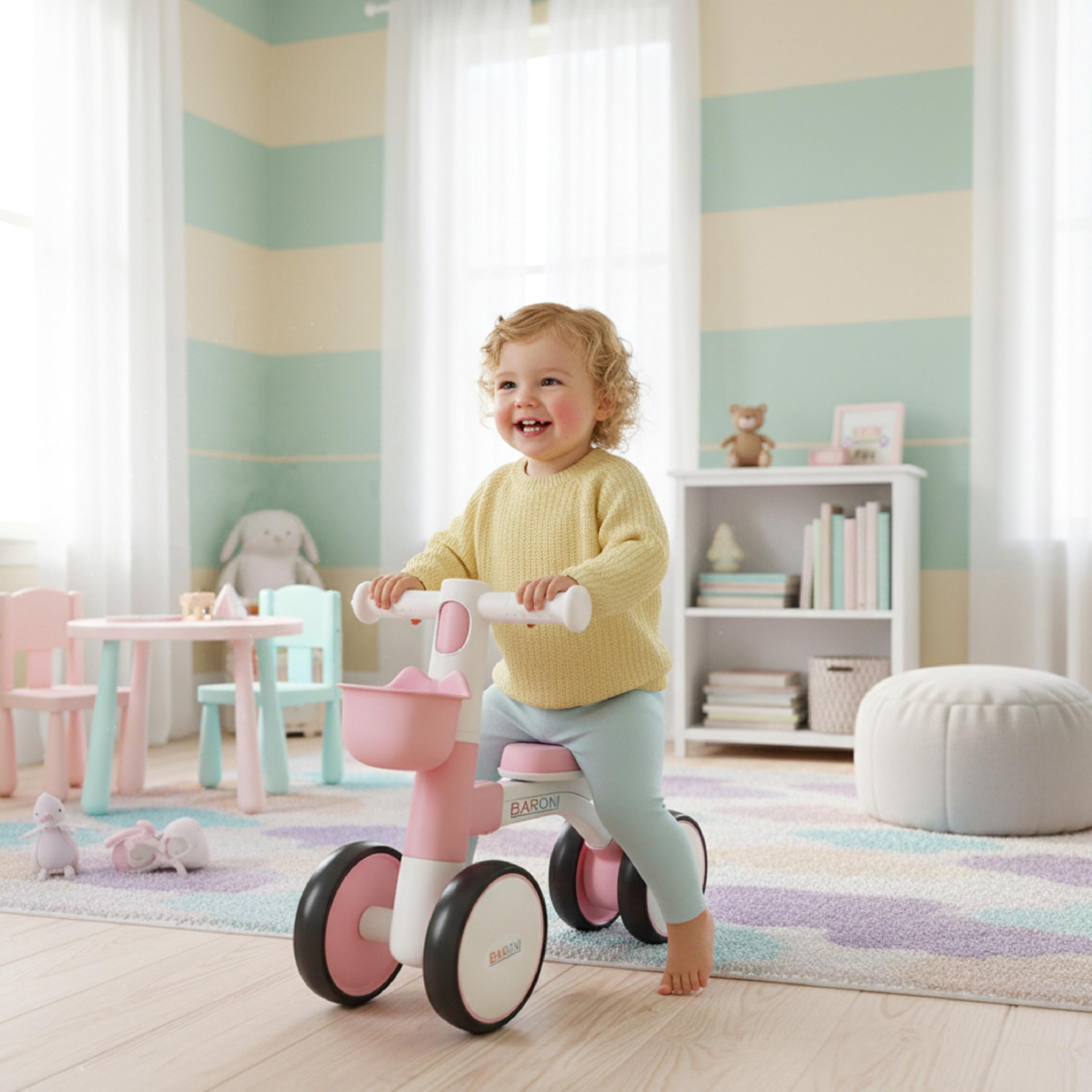 Baroni Toys Bici Senza Pedali Rosa a 4 Ruote per Bambini dai 3 Anni, Primi Passi con Luci e Suoni, Cestino Portaoggetti, Balanced Bike, Ideale per Sviluppo Motorio e Coordinazione, 55x22x42cm