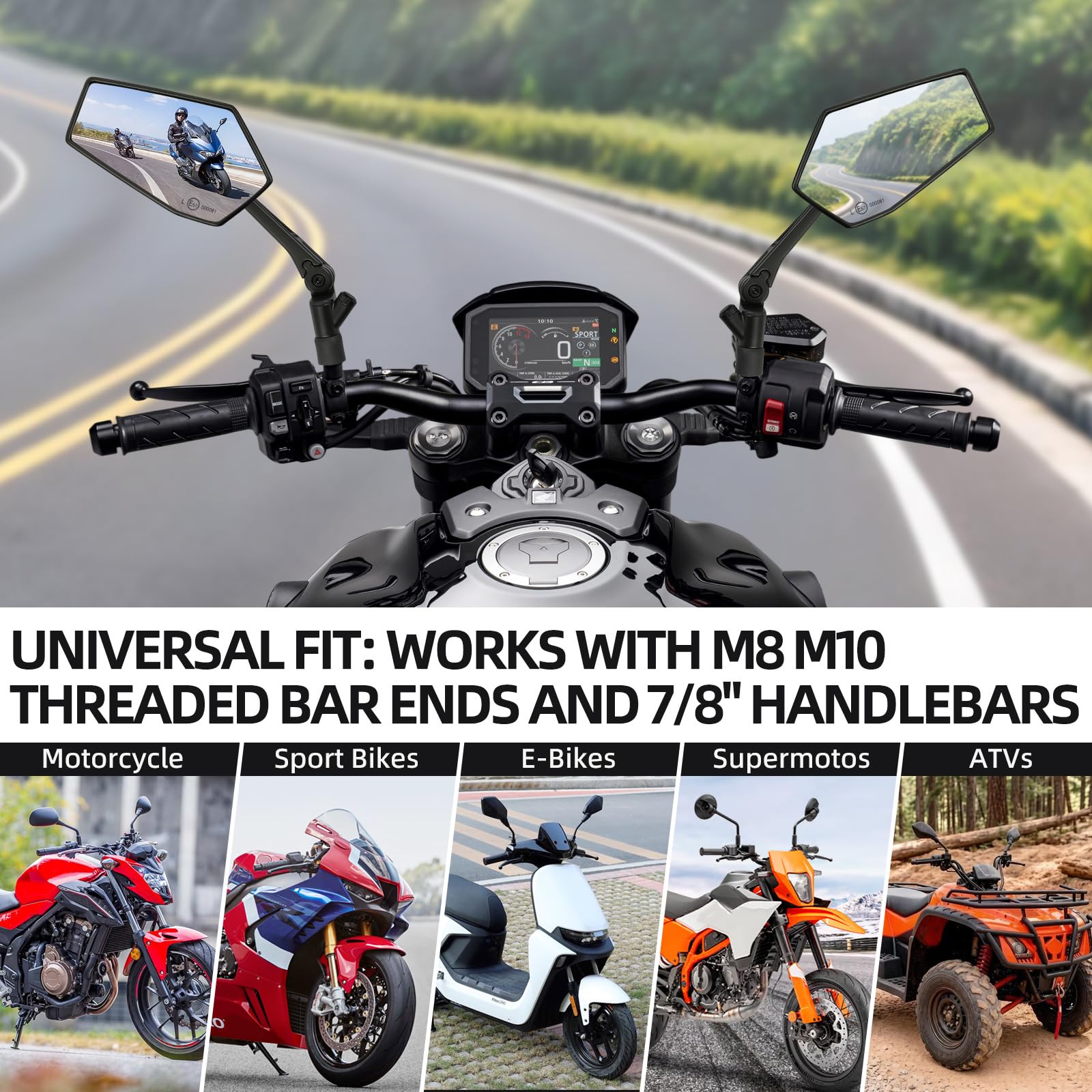 DREAMIZER Specchietti Moto Omologati E con Supporti Cellulare Integrati, 7/8" Specchietti Laterali Pieghevoli con Bulloni M8/M10, Compatibili con Moto Stradali, Dirt Bike, Quad, Cruiser.