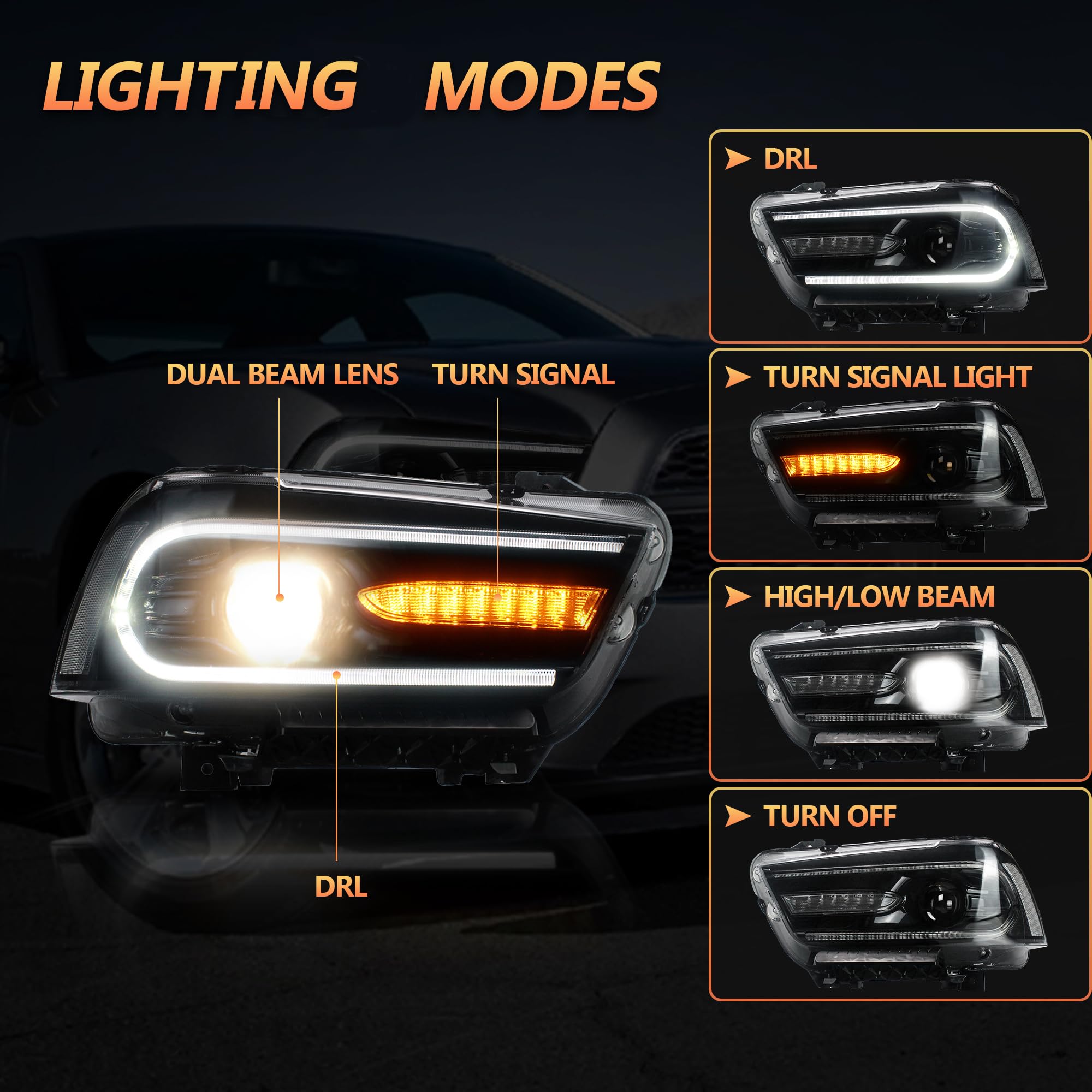 VLAND Faros Delanteros LED para Charger 2011-2014 [no para Charger SE 2012], con luces de giro secuenciales, 1 juego (lado del conductor + pasajero)