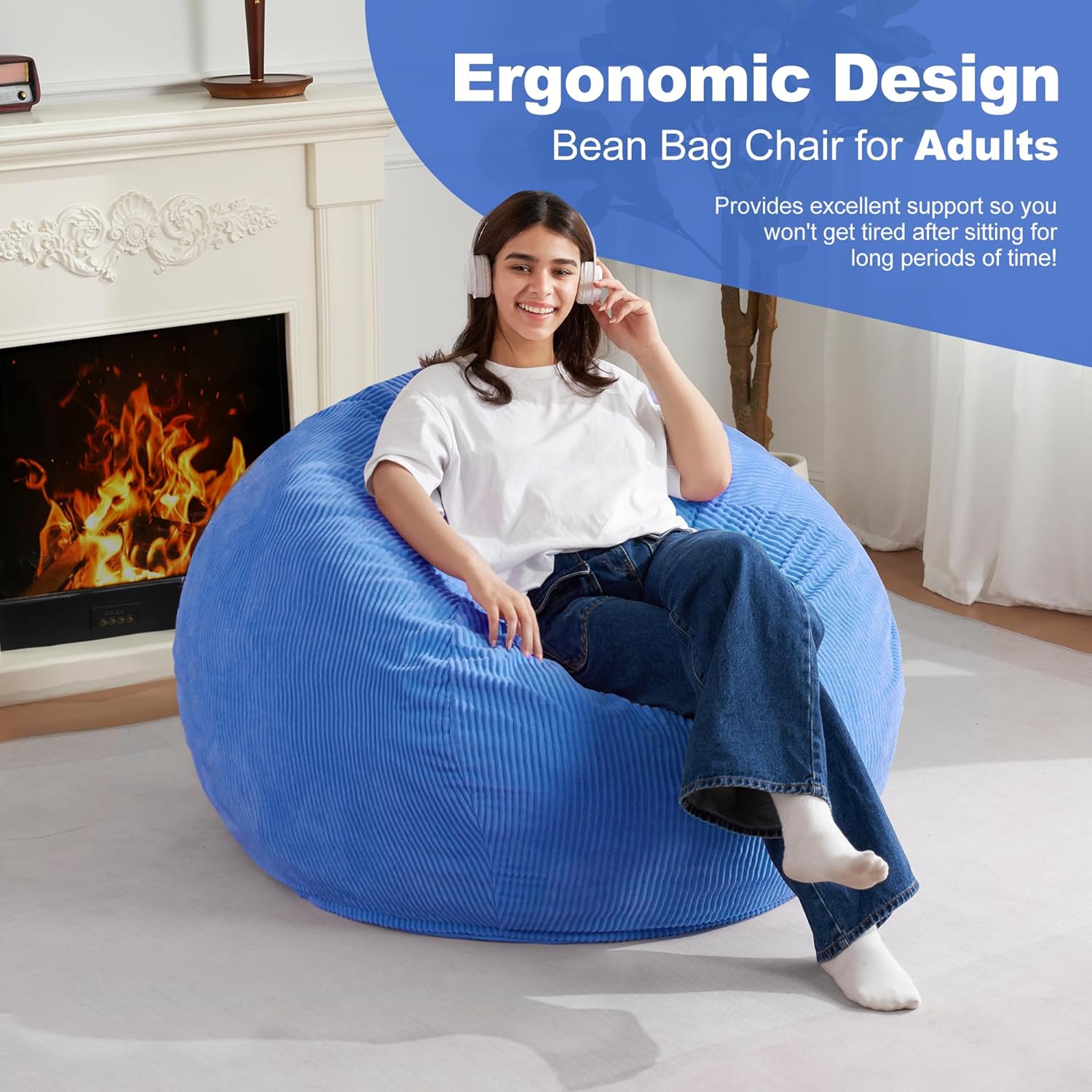 Homguava 3FT Bean Bag Chair: Teardrop Bean Bags with Memory Foam Filled, Compact Beanbag Chairs Soft Sofa with Corduroy Cover (Blue)