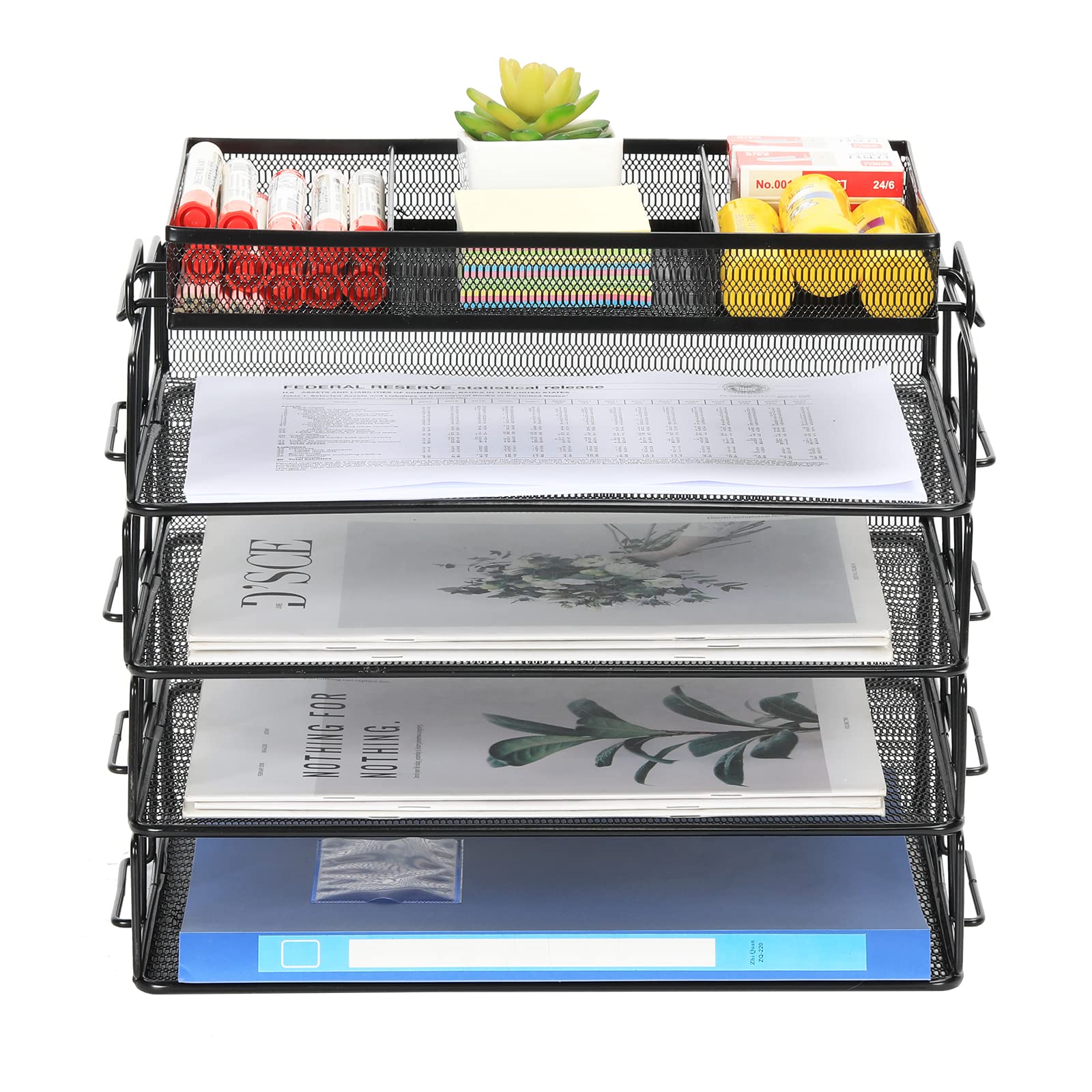 EasyPAG Lot de 5 Métal Paysage Empilable Corbeilles à Courrier A4 Banette de Rangement Bureau Porte Revue Organisateur de Magazine Bannette Papier Range Document,Noir