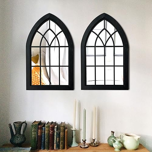 Miniatura 2 de Espejo de pared con marco de madera para ventana, 2 piezas, espejo rústico de granja, espejo de entrada con marco de madera para sala de estar,