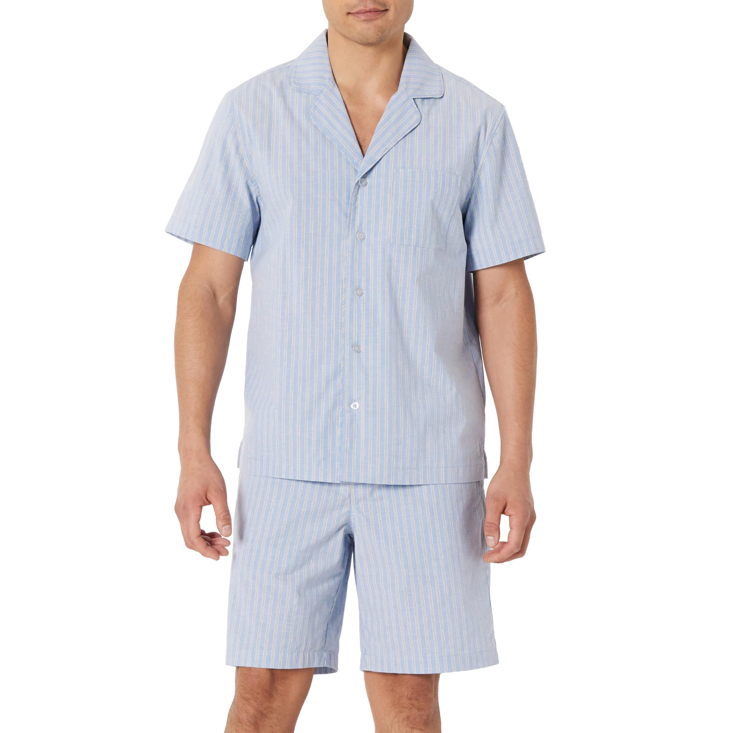 Amazon Essentials Herren Leichtes, Gewebtes Kurzes Loungewear-Pyjama-Set Mit Gekerbtem Kragen Und Knopf