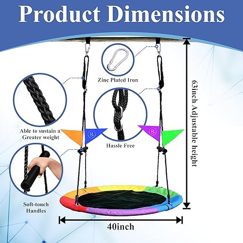 Miniatura 3 de Columpio para árbol de platillo para niños y adultos, juego de columpio redondo de 40 pulgadas para exteriores con correas ajustables para colgar,