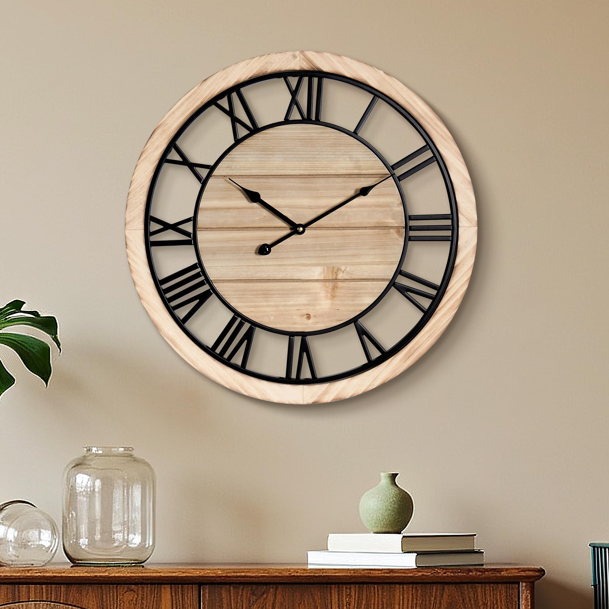 Maxstar Brown Wood - Roman Numerals 50Cm Wall Clock For Living Room Decor, Ultra-Silent Rustic Wooden Farmhouse Wall Clock With Metal & Real Wood Frame, Battery Operated, For Kitchen Bedroom Office, Roman Numerals