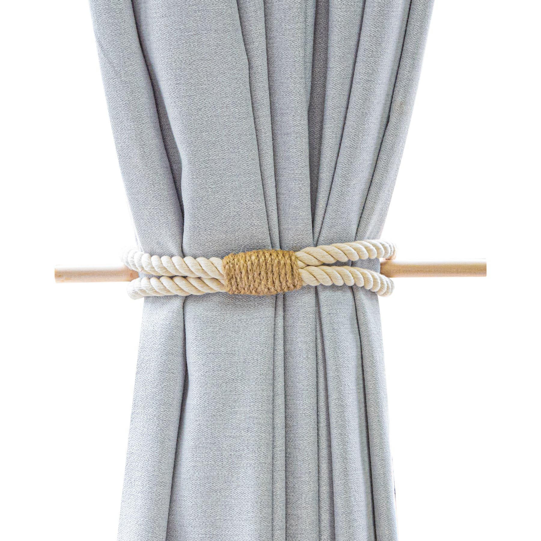 Framendino, 2 Pack Cotton Rope Curtain Tiebacks with Wood Club Wooden Jute Curtains Tie Backs for Farmhouse Home Office