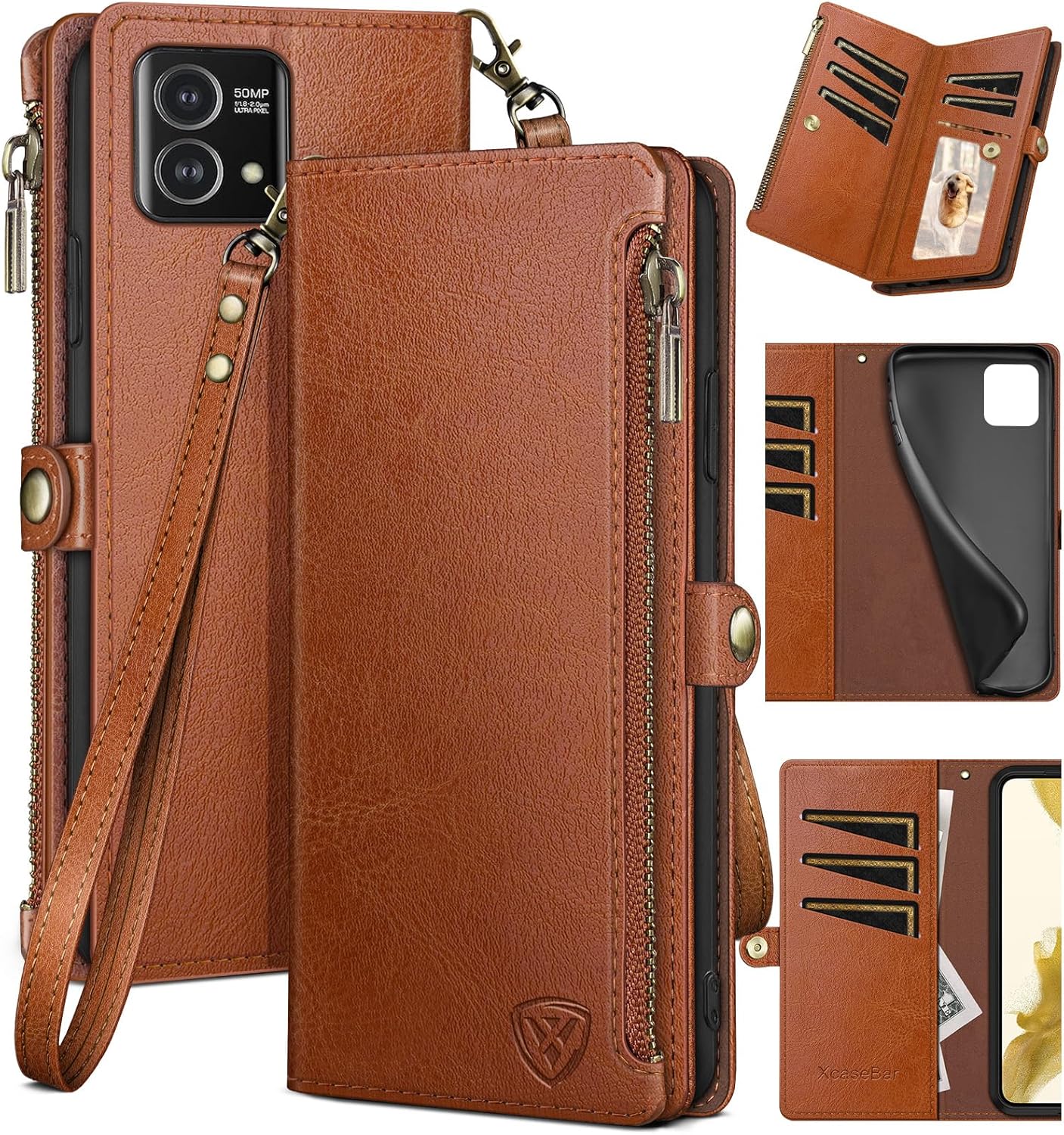 XcaseBar for Moto G Stylus 2023 5G Wallet case with Zipper Credit Card Holder【RFID Blocking】, Flip Folio Book PU Leather Phone case Shockproof Cover Women Men for Stylus2023 5G case Light Coffee