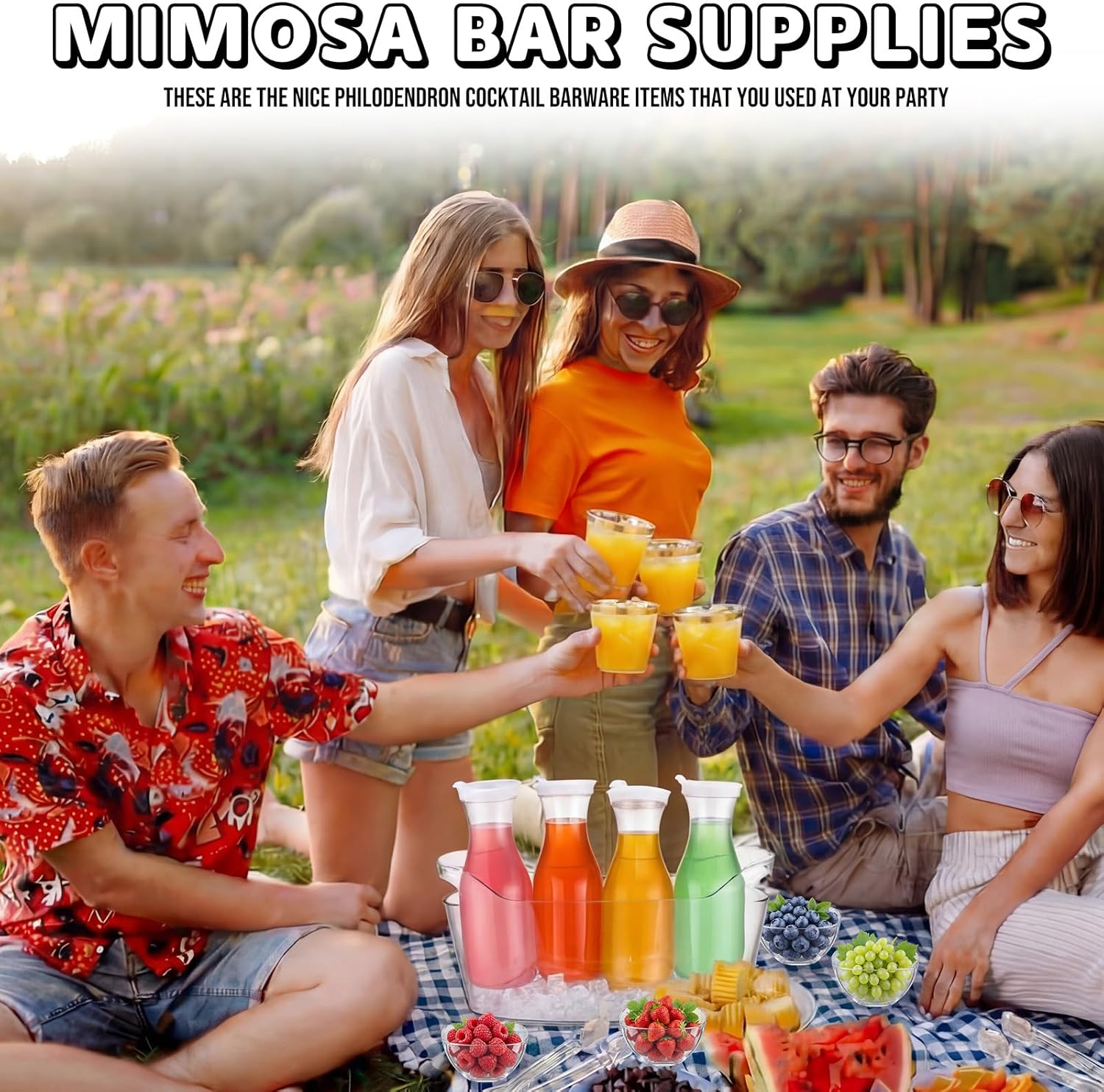 39 Pcs Mimosa Bar Supplies Include 34 oz Carafes for Mimosa Bar Ice Bucket Plastic Wine Glasses Serving Bowls Serving Tongs Blackboard Stickers for Summer Party Supplies (Gold)