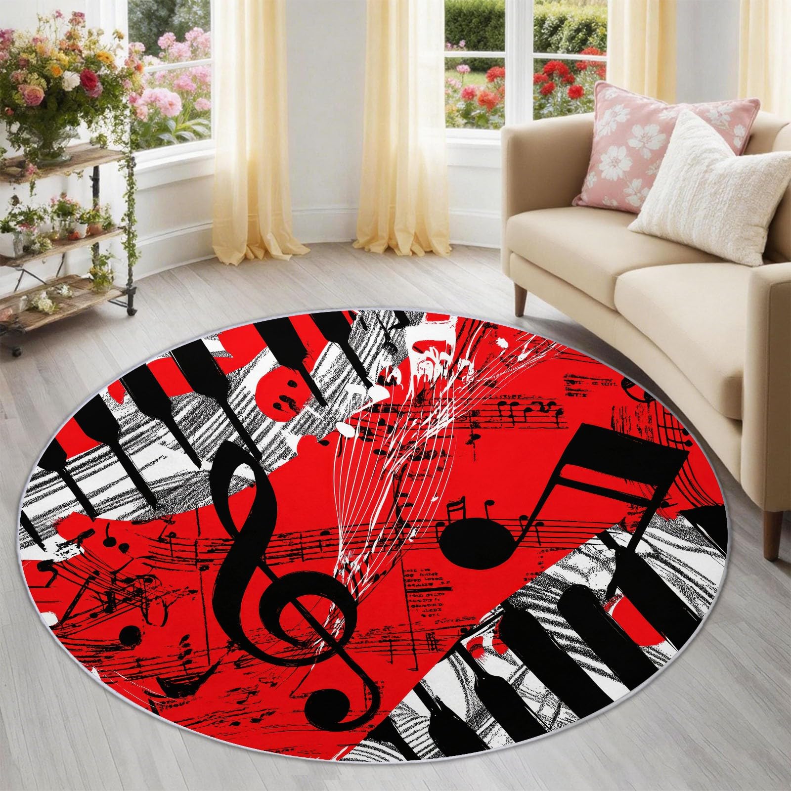 Tappeto rotondo Astratto Tasti Rossi Note Musicali Tasti Del Pianoforte Tappeti per soggiorno, antiscivolo, lavabile, per camera da letto, morbido tappeto stampato, per camera dei bambini, 100 cm