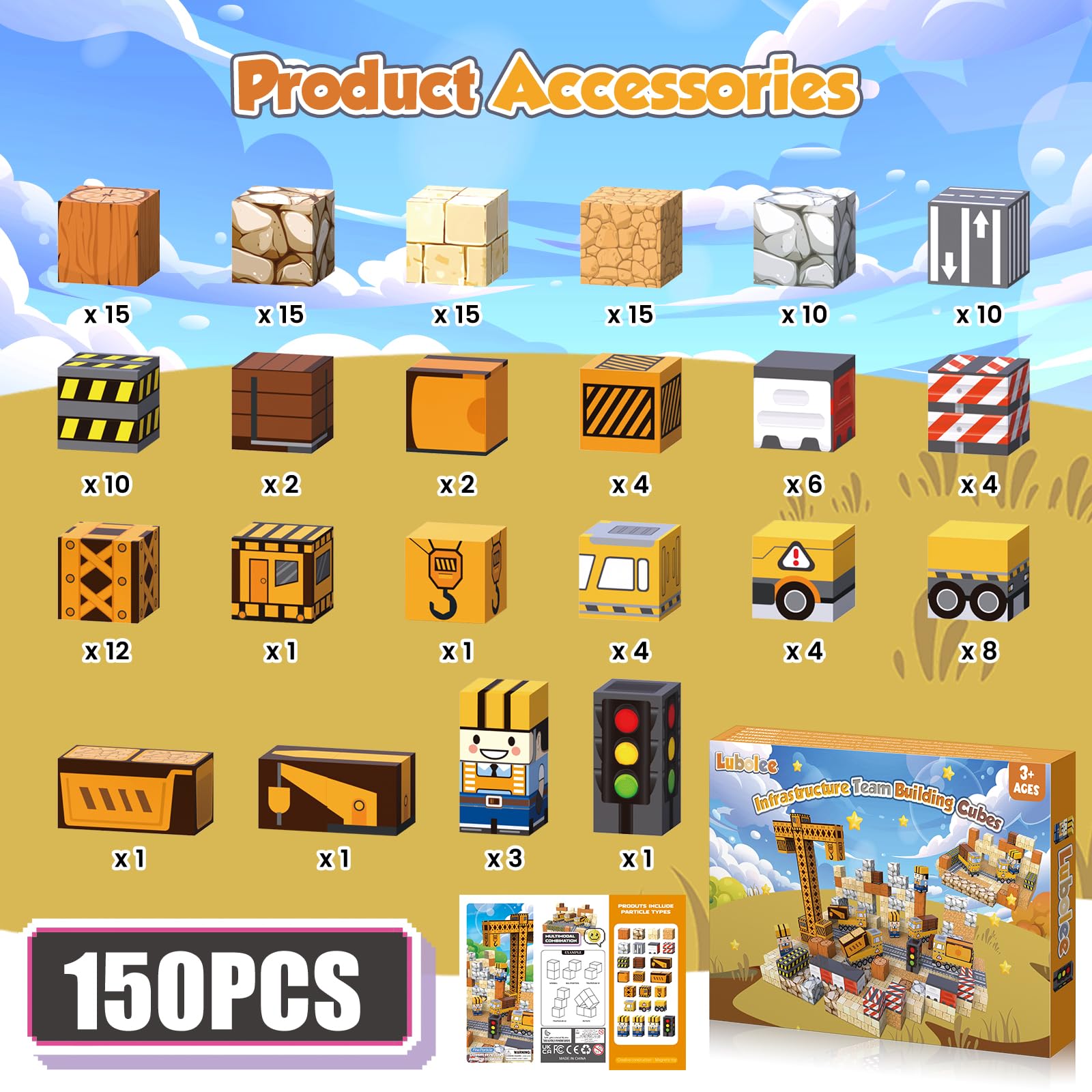 Lubolee Costruzioni Magnetiche per Bambini, 150 Pezzi Giochi Cubi Magnetici Giochi Bambini 3-12 Anni, Blocchi Magnetici Regalo Natale Bambina & Bambino- Montessori Magnetic Building Blocks