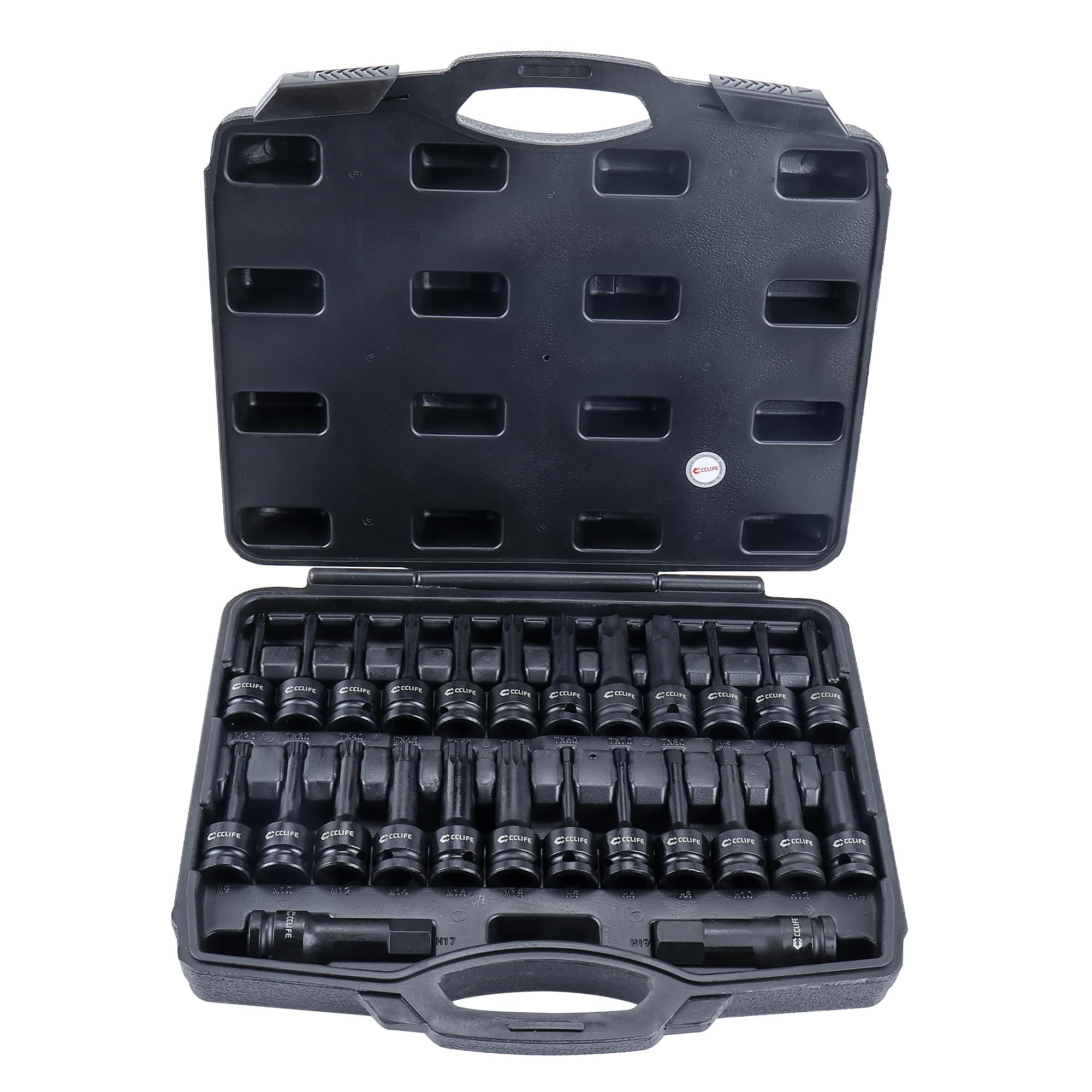 CCLIFE Wkrętarka udarowa zestaw bitów 1/2" Torx z łbem sześciokątnym Spline26-częściowy CR-MO | Zestaw kluczy nasadowych z profilami Torx, gniazdem sześciokątnym i profilami splajnowymi do pojazdów i prac warsztatowych