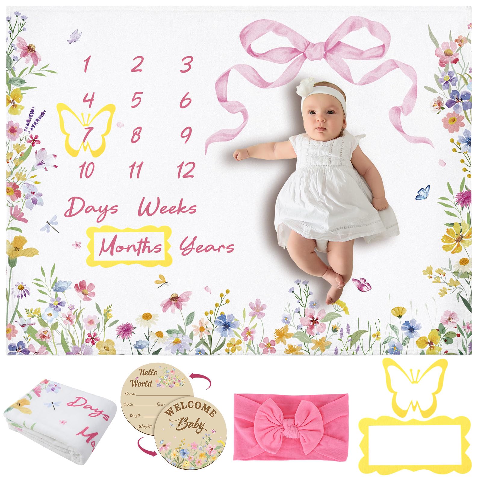 GSrenyu Coperta in flanella per bambini, con stampa floreale e fiocco, per neonati, ragazzi e ragazze, include cornice in feltro