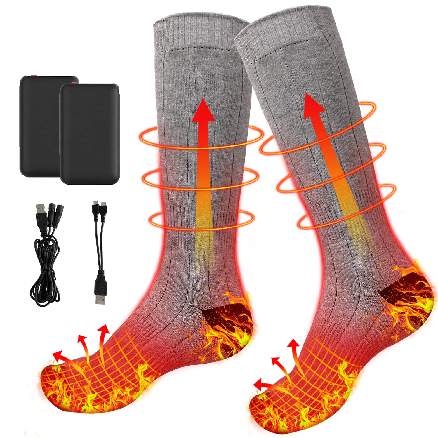 Electric Heated Socks, Upgraded Winter Rechargeable Washable Battery Heat Socks Men Women Thermal Warming Socks for Outdoor Hiking Camping Skiing Fishing Hunting Mountaineering (Men-Gray)