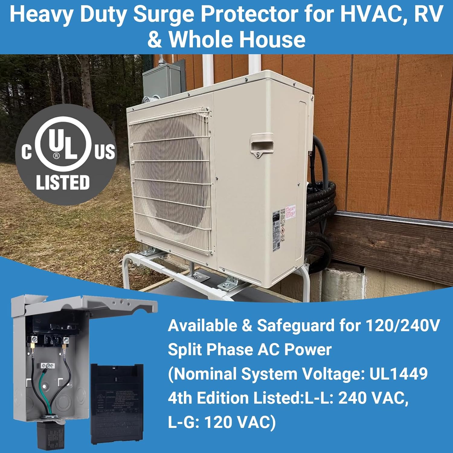 Wells 120/240V Universal Surge Protector for HVAC & Heat Pump - 25kA Type 1 SPD, 200kA SCCR, NEMA 4X/ IP66 Waterproof Outdoor Enclosure, TFMV Technology, Easy Installation (1-Phase, 3-Wire)