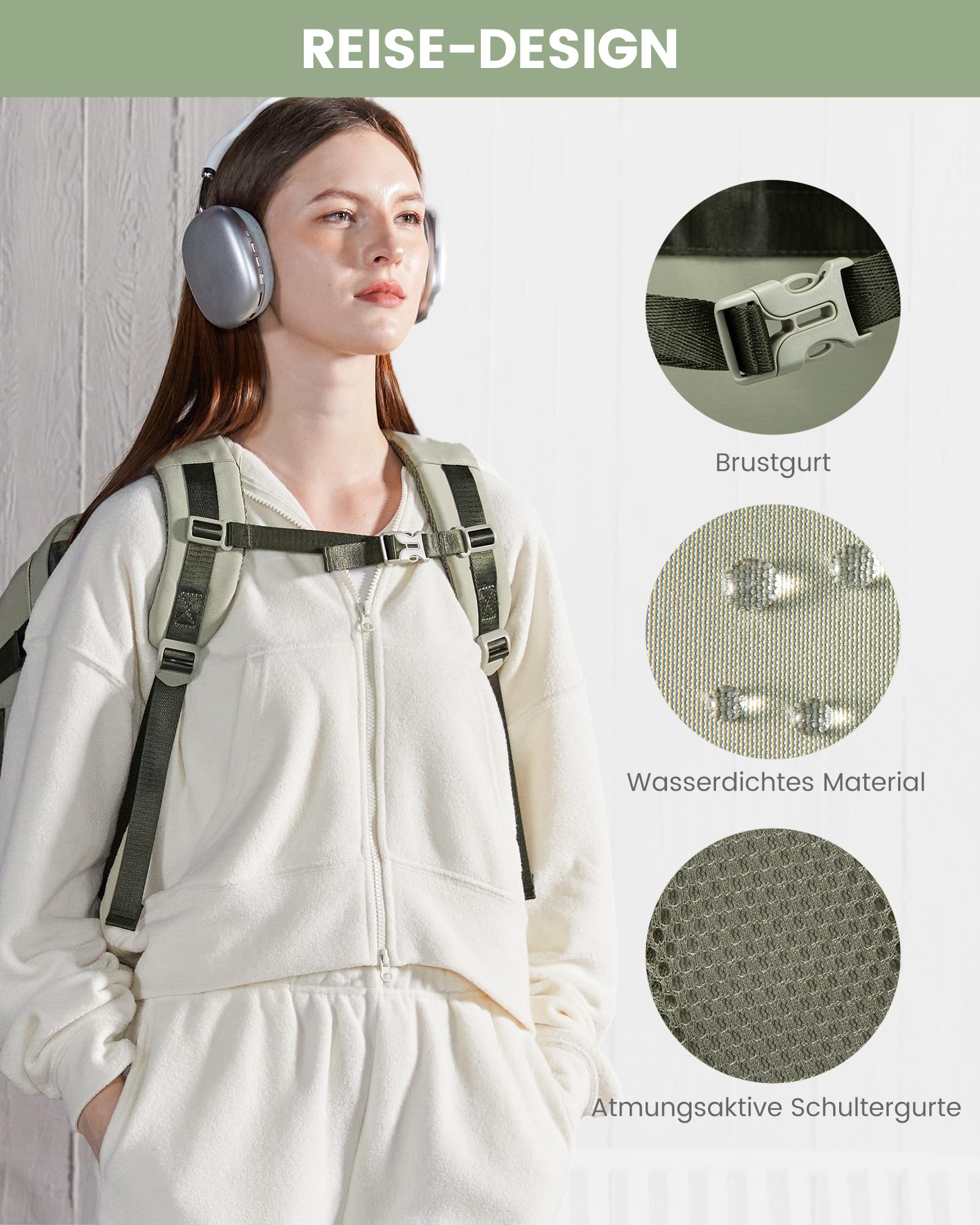 LOVEVOOK Rucksack Handgepäck Flugzeug, 40L Groß Reiserucksack Damen, Wasserdicht Travel Backpack für 17 Zoll Laptop, Kofferrucksack für Reise Arbeit Geschäftsreise Business Weekender, Olivgrün