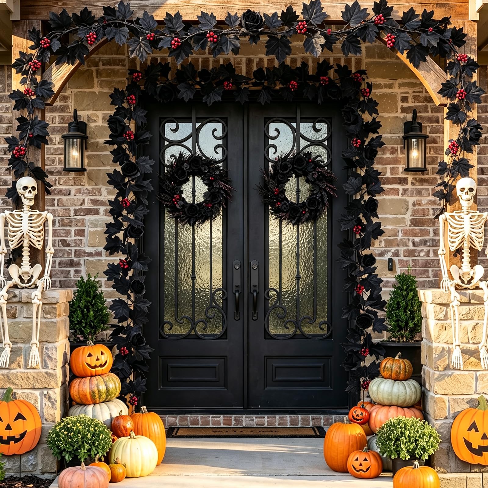 4 Pezzi 1,7 m Ghirlanda Halloween Nera con Foglie Autunnali e Rose