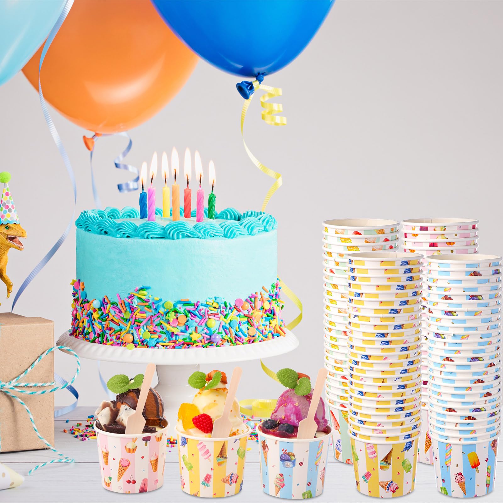 Juego de 100 tazas de helado de 6 onzas a granel con cucharas, cuencos desechables de postre coloridos para alimentos calientes o fríos, recipientes de Sundae, suministros de fiesta para