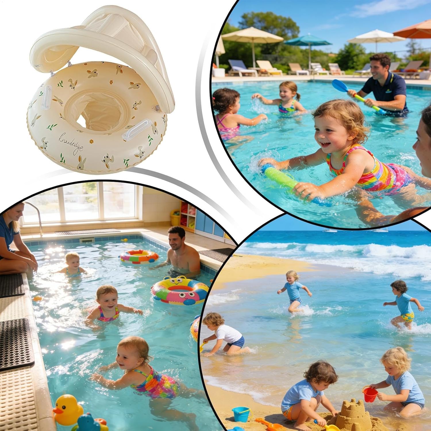 Inflatable Swim Ring for Children with Awning, Water Play Accessories | Inflatable Float with Canopy, for Bath, Beach, Summer Holidays