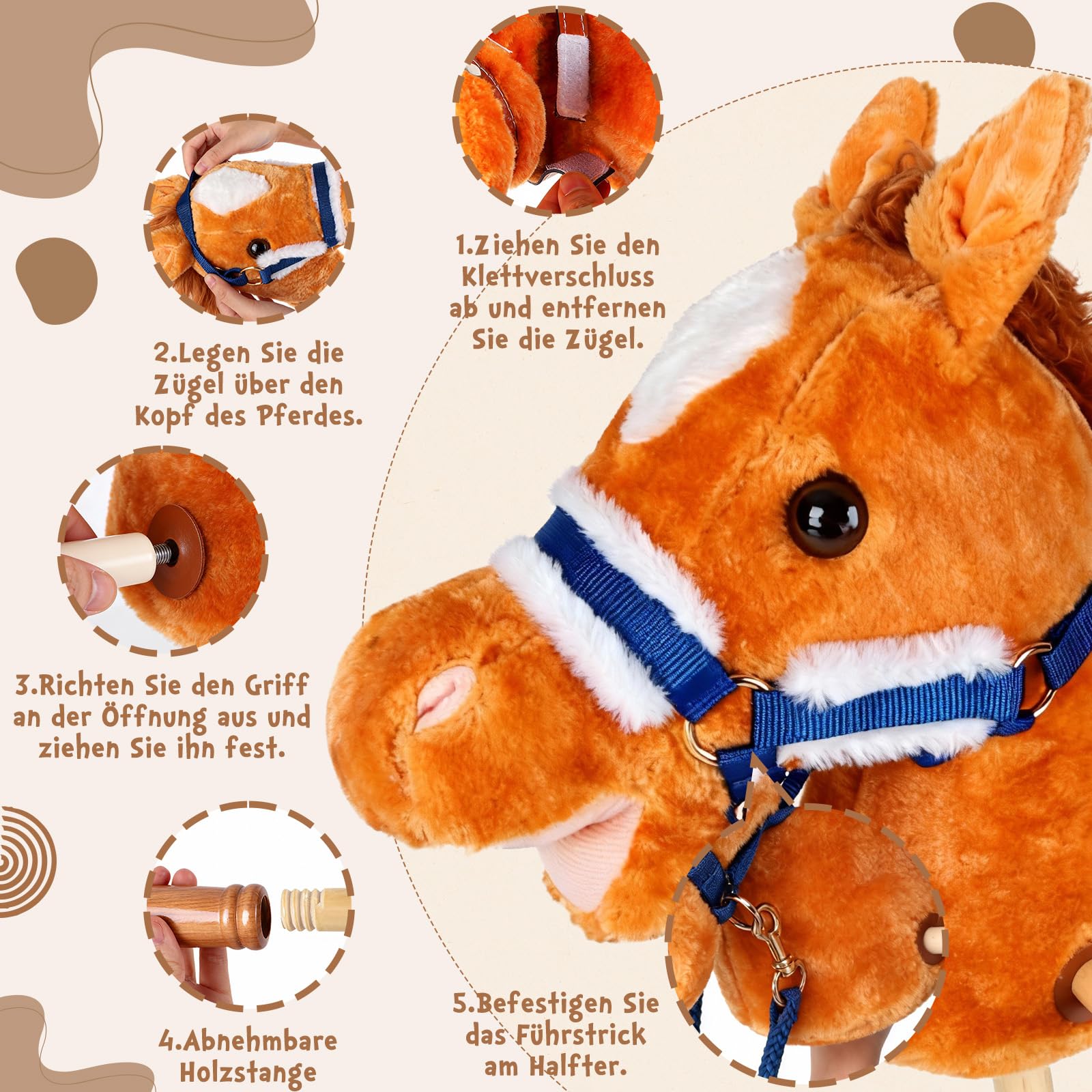 IEEILULU Hobby Horse, Steckenpferd Kinder Braun, Holzpferd für Draußen mit Hobby Horse Trense, Räder und Griffe für Garten, Geburtstag & Reitspiele (Braun)